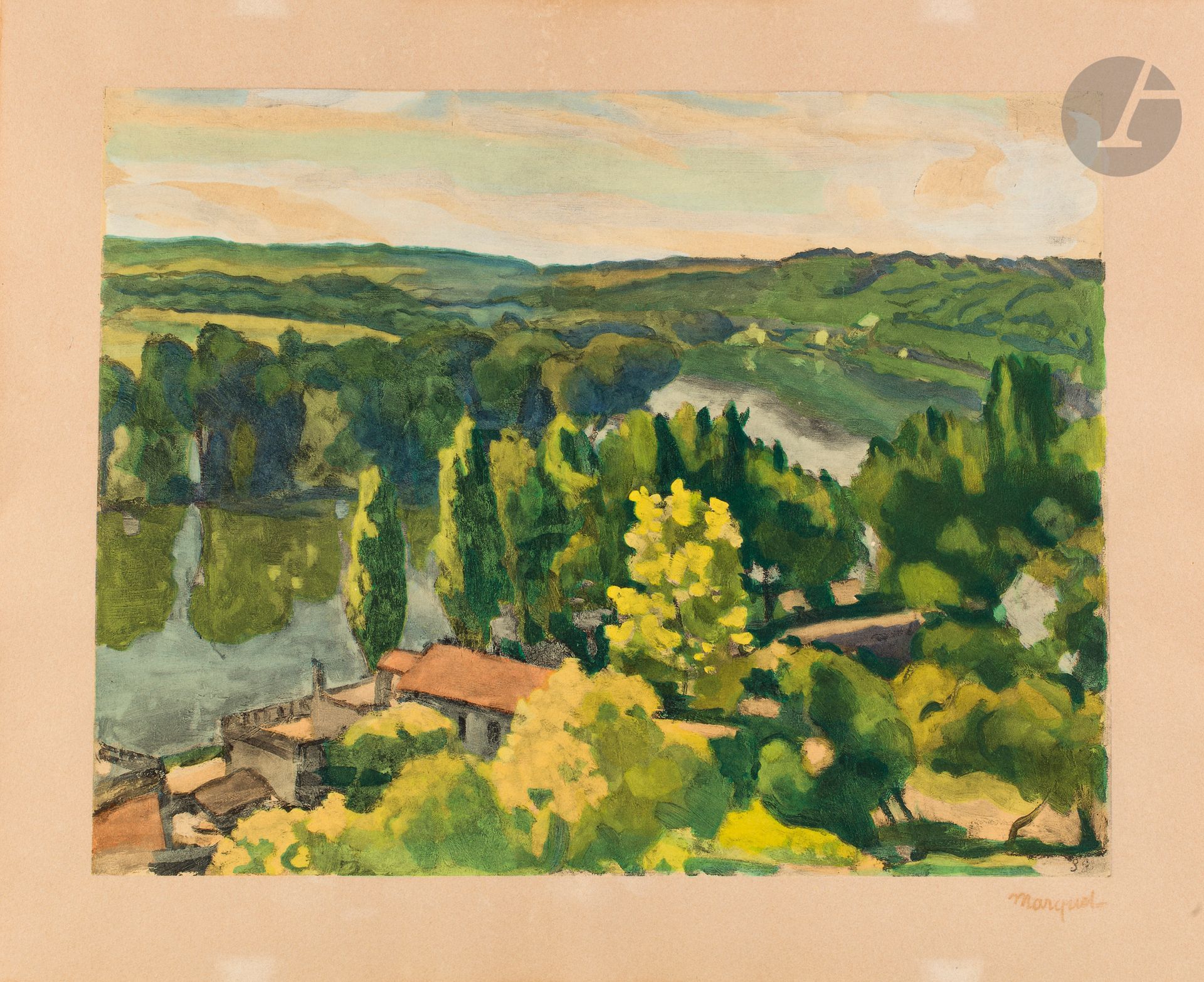 Albert Marquet (1875-1947) (d’après)
Normandie : La Frette-sur-Seine. Lithographie d’après une toile de 1938. La feuille : 500 x 410 mm. Impression en couleurs. Belle épreuve sur vélin ivoire, oxydée, revêtue du timbre de l’atelier (Lugt 1796g, légèrement passé).