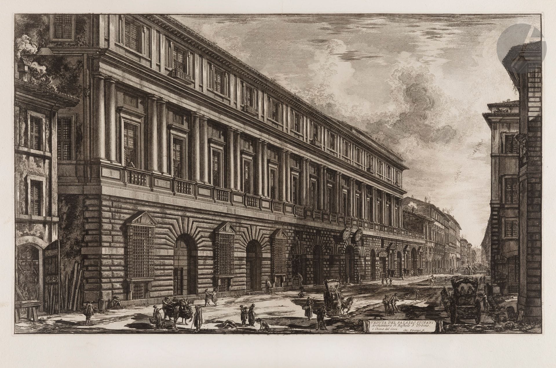 Giambattista Piranesi (1720-1778)

Veduta del Palazzo Stopani (The Vidoni Palace). 1776. Etching and burin. 670 x 418 [760 x 538 mm]. Hind 128 (i/iii). Very fine proof on strong laid paper, before the numbers. Folio number 42 in pen and sepia ink in the upper right corner. Vertical median fold with small reinforcement at the foot of the verso. Left edge irregular, ragged, with small binding miter holes and missing. Large margins. First Parisian edition.