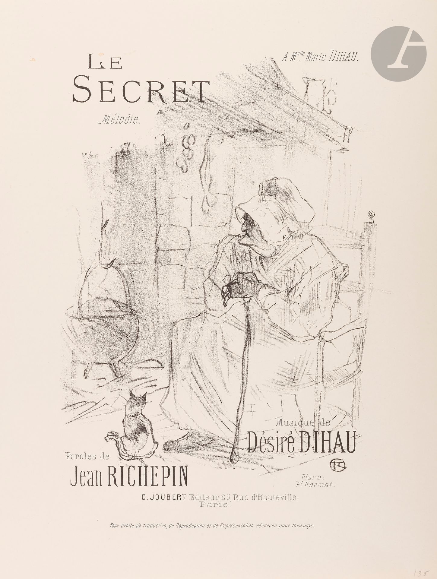 Henri de Toulouse-Lautrec (1864-1901)
Nuit Blanche ; Le Secret. (Titres de mélodies pour des poèmes sur des musiques de D. Dihau). 1893. Lithographie. Chaque feuille : 250 x 323. Delteil 20 et 135 ; Wittrock 8 et 130. Parfaites épreuves d’un tirage moderne sur vélin glacé ivoire. Toutes marges. Ens. 2 p.