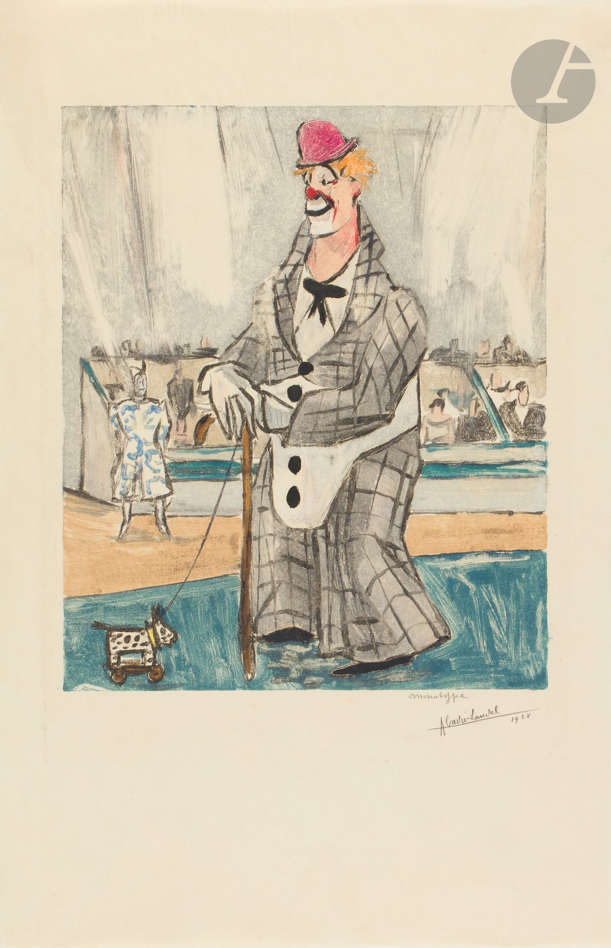 Pierre Abadie-Landel (1896-1972)
Au cirque ; Clown à la grosse caisse ; Clown. 1928. Monotypes en couleurs. 255 x 307 mm. Très belles épreuves sur vélin mince crème, annotées « monotype », signées et datées au crayon. Petites pattes de montage aux bords du feuillet au verso. Trois traces d’adhésif très oxydées dans les marges à la dernière. Toutes marges. Ens. 3 p.