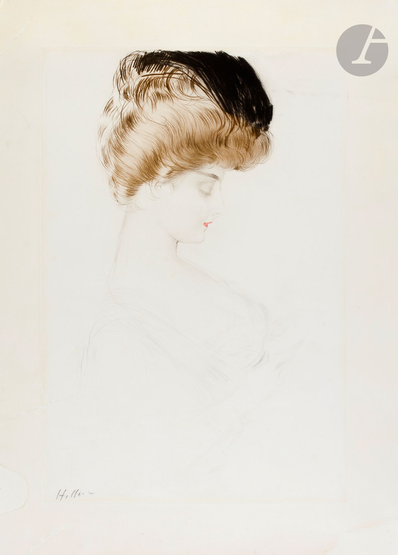Paul-César Helleu (1859-1927)
Jeune femme de profil en buste, tête inclinée. Vers 1900. Pointe sèche. 335 x 545 mm. Impression en couleurs. Bonne épreuve sur vélin blanc, signée au crayon, fortement restaurée (restaurations visibles). Courte déchirure au bord gauche. Belles marges.