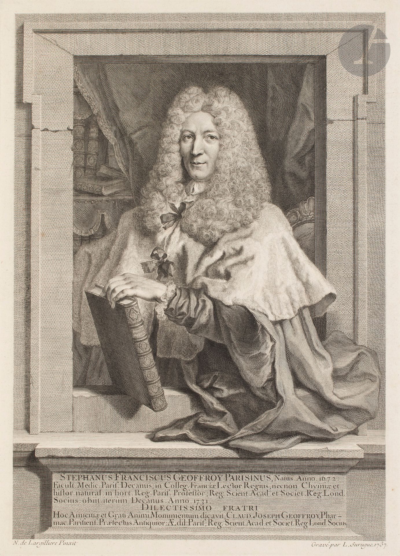 Louis Surugue (1686-1762)
Étienne François Geoffroy. 1737. Gravé d’après Largillière. 292 x 405 mm. Très belle épreuve sur vergé, légèrement oxydée. Rousseurs marginales. Infimes accrocs le long du bord inférieur. Toutes marges.