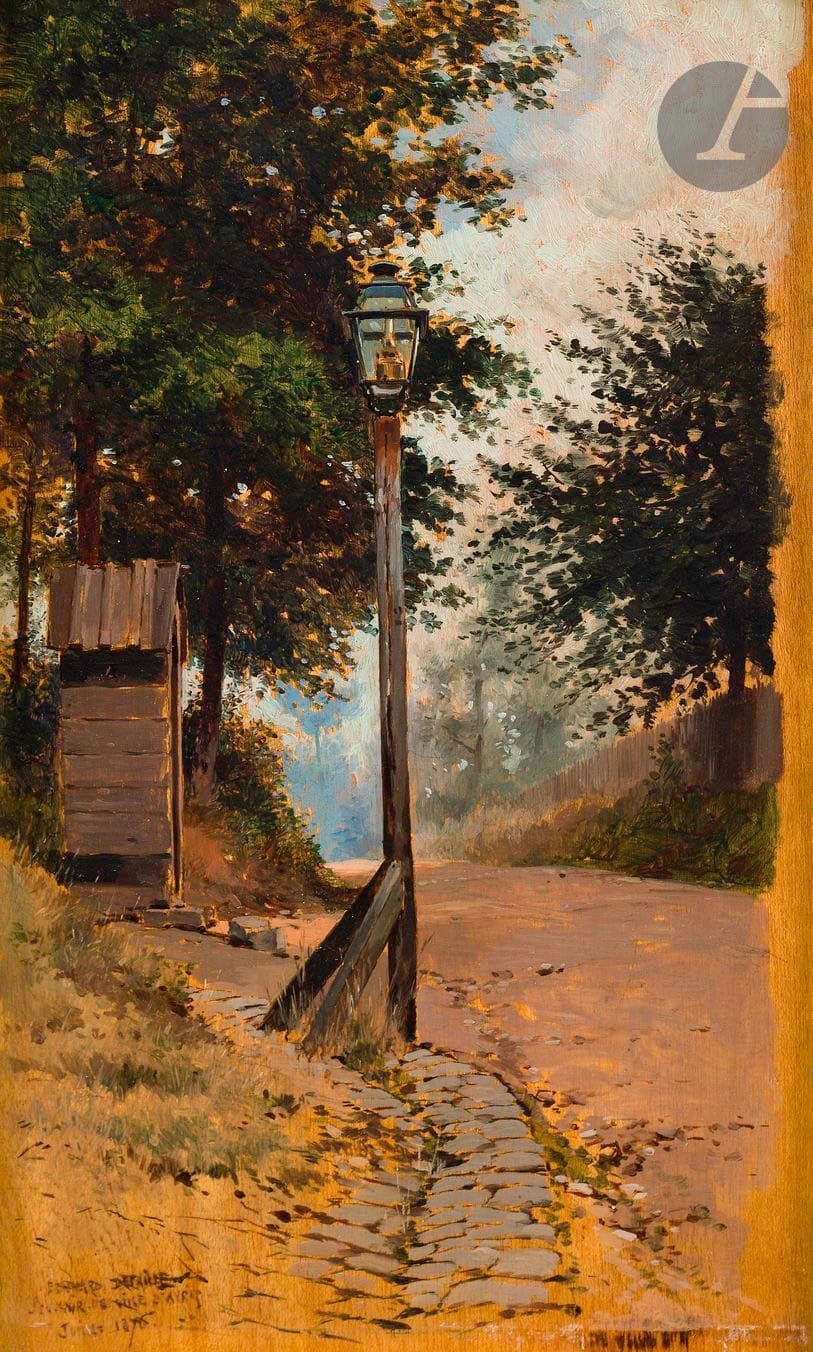 Édouard DETAILLE (Paris, 1848 - Paris, 1912)
A street light, souvenir of Ville-d'Avray, 1876
Oil on panel. 
Signed, localized and dated lower left: "EDOUARD DETAILLE / SOUVENIR". 
24,2 x 13,8 cm

Provenance:
- Valtesse de La Bigne, her sale, Paris, Hôtel Drouot, June 2-7, 1902, no. 19, not sold or withdrawn.
- Collection F. Florentin (bequeathed in 1910 by Valtesse de La Bigne).
