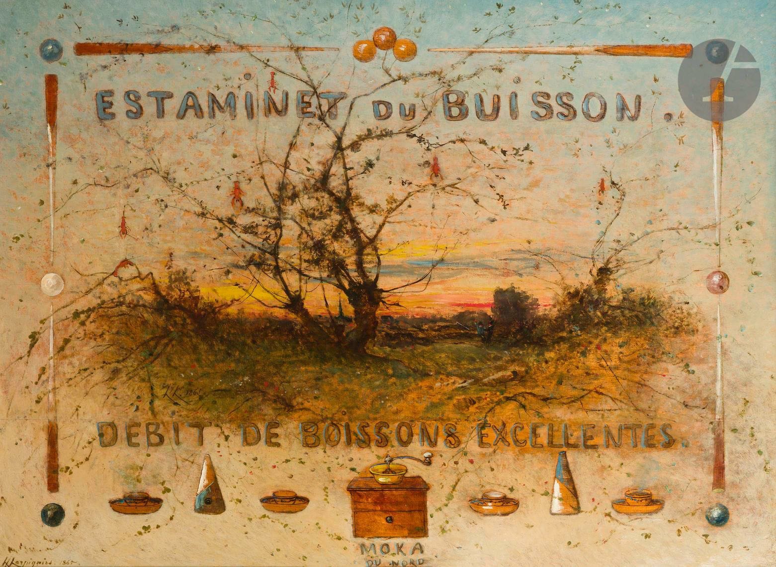 Henri-Joseph HARPIGNIES (Valenciennes, 1819 - Saint-Privé, 1916)
Enseigne de l’Estaminet du Buisson, 1865
Huile, plume et encre brune sur panneau.
Signée et datée en bas à gauche.
Monogrammée et datée dans le paysage, en bas à gauche.
78 x 105,5 cm

Provenance :
- Charles Freund-Deschamps (1846-1921).
- Sa vente, Hôtel Drouot, Paris, 10-11 mai 1912, n° 33.

Bibliographie :
- Figaro, Paris, lundi 9 décembre 1901, p. 1.
- I. Errera, Répertoire des peintures datées, Bruxelles, 1921, [CR}tome II, p. 757.

Nous remercions Monsieur Jean-Pierre Cappoen pour les informations qu’il nous a transmises.

« Cette enseigne était celle d’un café tenu par un Monsieur qui s’appelait Duisson. Harpignies a donc peint un buisson aux branches duquel pendent des écrevisses; à l’entour, comme encadrement, des queues et des billes de billard, un moulin à café et autres accessoires rappellent l’estaminet dont il s’agit » in Catalogue de vente Charles Freund-Deschamps, Hotel Drouot, Paris, 10-11 mai 1912, n°33.

En 1865, de retour d’Italie, Harpignies décide de passer l’été chez sa nourrice à Maresches. L’activité de cette petite cité proche de Valenciennes repose sur l’industrie sucrière. Une vingtaine de débits de boissons y accueillent chaque année des centaines de saisonniers venus récolter les bet­teraves. Sans doute est-ce pour l’un de ces établissements, tenu par un certain monsieur du Buisson, que l’enfant du pays peint cette enseigne dont il a tracé le projet l’année précédente dans un dessin préparatoire ; elle résume les spécialités de la maison : le billard, le café, ainsi que la dégustation d’écrevisses, fort prisées alors, et auxquelles le tableau Chercheurs d’écrevisses, exposé en 1859, faisait déjà allusion. Harpignies n’a pas dédaigné les travaux décoratifs, ainsi ces projets d’éventails, d’abat-jour ou de pare-feu dont l’inspiration japonisante est sensible ici dans le jeu arachnéen des ronces enlevées sur le fond de ciel crépusculaire. On lui doit également des panneaux décoratifs pour l’Opéra et l’escalier du Sénat.
Cette enseigne, unique dans l’œuvre de l’artiste, n’est pas un cas isolé.  Sans remonter à Watteau (un autre Valenciennois !) ou à Chardin, on sait que Prud’hon, David d’Angers, Géricault ou Millet, mus par l’intérêt ou par l’ami­tié, en ont réalisé de remarquables. Mais c’est l’enseigne d’opticien imaginée par Gérôme en 1902 à l’occasion d’un concours dont il était l’instigateur, qu’il convient de rapprocher de notre tableau. On y retrouve un sujet central entouré des attributs de l’acti­vité commerciale, joint à un calembour qui joue sur la rai­son sociale de l’établissement : dans notre tableau, le buis­son d’écrevisses, spécialité du Nord de la France.



