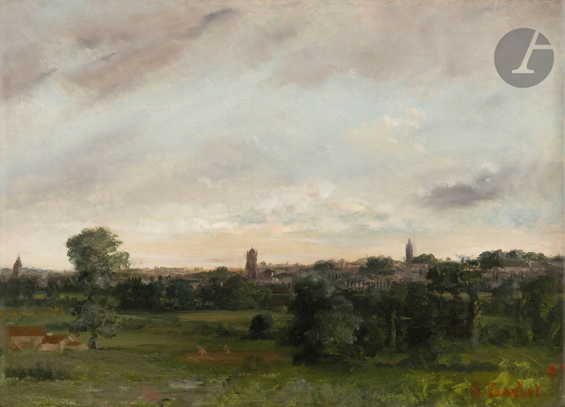 Gustave COURBET (Ornans, 1819 - La Tour de Pelz, 1877)
Vue de Saintes, prise de Lormont
Toile
Signée et datée en bas à droite : « G. Courbet 65 ». Le tableau peint en 1862 a été post-daté lorsque l’artiste l’a signé trois ans plus tard.
32 x 46 cm

Provenance :
- Étienne Baudry (1830-1908), collectionneur et ami de l’artiste.
- Vente anonyme, Me Pillet, Paris, Hôtel Drouot, 23 avril 1866, n° 7.
- Vente anonyme, Paris, Hôtel Drouot, 8 mai 1867, n° 13 (160 Fr).
- Collection Blanc, en 1878.
- Galerie Durand-Ruel, Paris (acquis le 11 mars 1880 et vendu le 5 avril 1880 à M. Bagne).
- Collection Courty.
- Gaston-Maurice Delestre (1913-1969), expert en tableaux et dessins anciens. Par descendance. 
- Vente Paris, Artcurial, 22 mars 2017, n° 133.

Expositions:
- Exposition de peinture et de sculpture exposés dans les salles de la Mairie de Saintes au profit des pauvres : 160 tableaux signés Corot, Courbet, Auguin, Pradelles, Mairie de Saintes, 1863, n°105.
- Société Artistique des Bouches-du-Rhône, Marseille, 1868, n°87.
- Tableaux et dessins de maîtres modernes, Galerie Durand-Ruel, Paris, 1878, n°44 « appartenant à M. Blanc ».
- Courbet, Galerie Bernheim Jeune, Paris, juillet 1919, n°15.
- Aspects de la peinture française de Courbet à Soutine, musée Baron Martin, Gray, juin-septembre 1961, n°52.
- Gustave Courbet, Hôtel de Ville, Ornans, juillet-octobre 1962, n°18.
- Gustave Courbet, Kunstmuseum, Berne, septembre-novembre 1962, n°23.
- Courbet dans les collections privées françaises, Galerie Claude Aubry, Paris, mai-juin 1966, n°11.
- Autour de Courbet en Saintonge, musée de l’Echevinage, Saintes, juin-septembre 2007, n° 1.
- Gustave Courbet, une histoire intime, musée de l’Echevinage, Saintes, août-octobre 2019,  sans numéro, reproduit p. 73 au catalogue.

Bibliographie :
- Alexandre Estignard, Courbet, sa Vie et ses œuvres, Besançon, 1896, p. 170.
- Georges Riat, Gustave Courbet, peintre, Paris, 1906, p. 199.
- Théodore Duret, Courbet, Paris, 1918, p. 58-61.
- Charles Dangibeaud, Courbet à Saintes, Revue de Saintonge, août 1919, p. 295.
- Charles Léger, Courbet, Paris, 1929, p. 95.
- Charles Léger, Courbet et son temps, Paris, 1948, p. 85.
- Gerstle Mack, Gustave Courbet, New York, 1951, p. 168.
- Gaston Delestre, Courbet et Corot à Saintes, in. Bulletin des Amis de Gustave Courbet, n°  27, pp. 1-5.
- Robert Fernier, En voyage avec Courbet, 1966, p. 51 (reproduit).
- Roger Bonniot, Gustave Courbet en Saintonge, Paris, 1973, p. 102 (reproduit fig. 25).
- Robert Fernier, La vie et l’œuvre de Gustave Courbet, catalogue raisonné, Lausanne - Paris, 1977, t. I, p. 200-201, n° 346.
- Pierre Courthion, Tout l’œuvre peint de Gustave Courbet, Paris, 1999, n°  325, p. 91 (reproduit).
- M. Pantazzi, V. Pomarède, G. Tinterow, Corot 1796-1875, cat. exp., Paris, Grand - Palais, 1996 ; Ottawa, Musée des Beaux-Arts du Canada, 1996 ; New York, Metropolitan Museum of Art, 1996-1997, p. 337.
- Guy Scaon, Courbet et le paysage en Saintonge, in. Arcades, Poitou Charentes, 2007, p. 38 (reproduit).
- Alexandre Bruand, Courbet. Une année en Saintonge dans L’Actualité Poitou-Charente, n°  79, janvier 2008, p. 44 (reproduit).
- Yvonne Melia-Sevrain, Étienne Baudry. Une vie charentaise, châtelain, dandy et écrivain militant, Saintes, 2010, p. 143-168.
- D. de Font-Réaulx, B. Guidi, M.-L. Pacelli, I Pludermacher, V. Pomarède, Courbet e la natura, cat. exp., Ferrare, Palazzo dei Diamanti, 2018-2019, p. 185, (reproduit fig. 66).


Ce paysage, remarquablement documenté et bien connu de l’historiographie consacrée à Courbet, est l’un des plus remarquables témoignages du séjour de l’artiste à Saintes, dans l’actuel département de la Charente-Maritime, de la fin mai 1862 à mars 1863. L’initiative de ce voyage revient au journaliste Jules-Antoine Castagnary, lui-même natif de Saintes et qui y séjournait régulièrement en été. Le peintre ne devait passer initialement que quelques semaines dans cette région mais le chaleureux accueil dont il bénéficie, l’émulation artistique, la rencontre avec Corot, ainsi que la séduction opérée sur lui aussi bien par les lieux que par une aventure sentimentale, lui font changer ses projets. C’est donc durant presque dix mois que Courbet demeure dans la région, somptueusement reçu chez Étienne Baudry (1830-1908), notable républicain, au château de Rochemont à Fontcouverte, situé à deux kilomètres de Saintes. Ce mécène possédait les Demoiselles du bord de la Seine (Salon de 1857, Paris, musée du Petit-Palais), et collectionnera aussi des œuvres de Boudin, Manet, Jongking, Pissarro et Monet. Le séjour se poursuit chez le commerçant saintais Jules Borreau et sa femme Laure, dont Courbet devient l’amant, et de nouveau chez Baudry. Camille Corot, qui peint alors à La Rochelle, vient rejoindre au mois d’août ses confrères, formant alors l’éphémère atelier en plein air dit « groupe du Port-Berteau », du nom d’un lieu-dit proche de Saintes. Courbet et Corot, malgré leurs différences d’âge et de tempérament, cohabitent avec