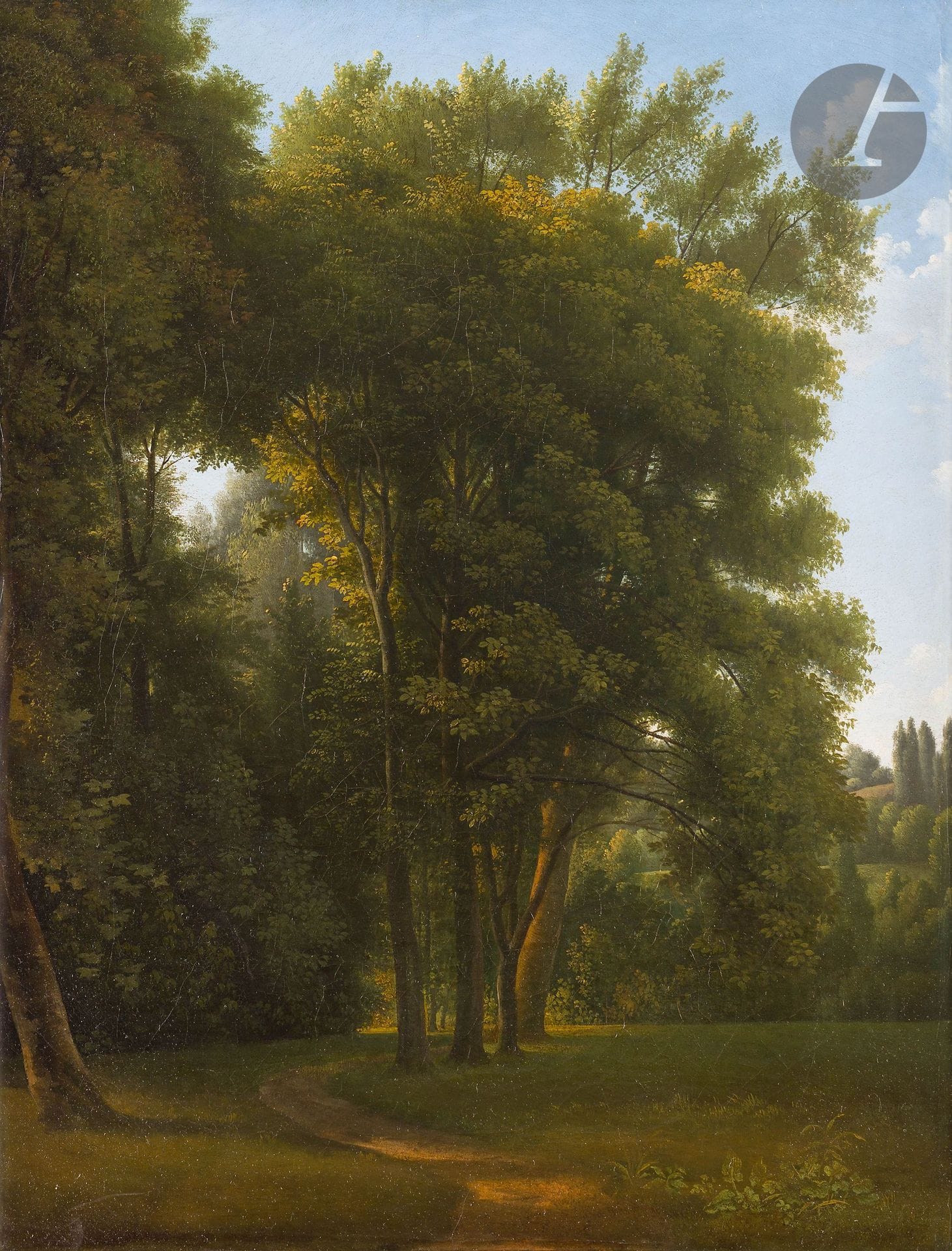 Alexandre-Hyacinthe DUNOUY (Paris, 1757 - Jouy-sur-Lionne, 1841)
Pré aux arbres à Aulnay
Papier marouflé sur toile
Localisé au verso en haut au centre : «a aulnay»
40,1 x 30,1 cm

Provenance :
Probablement vente de tableaux anciens et modernes, Études peintes et dessins faits en Italie et en France [...] formant le cabinet de M. Dunouy, Paris, 7 mars 1842, partie du n° 18 (« Six études diverses »).
