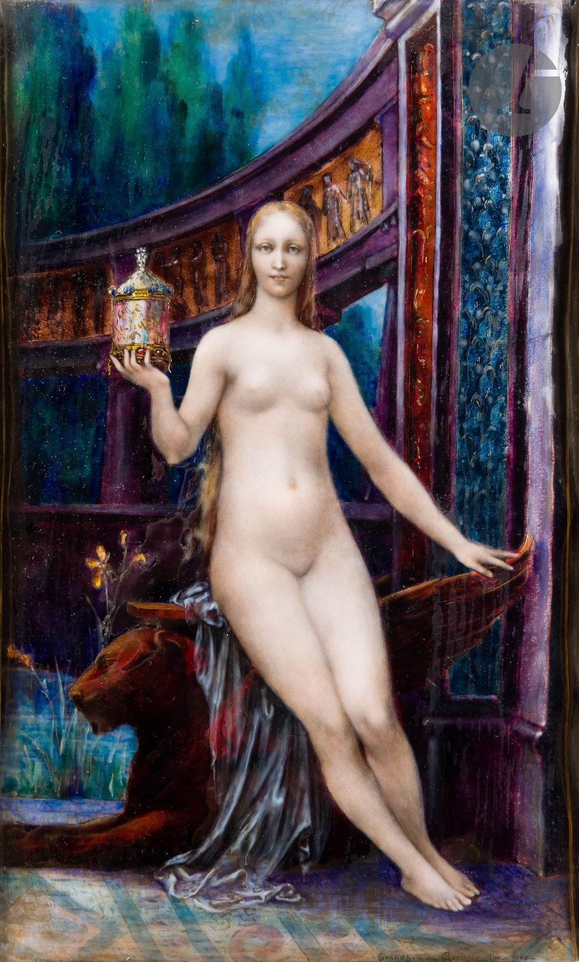 Paul Victor GRANDHOMME (Paris, 1851 - Saint-Briac-sur-Mer, 1944) et Alfred-Jean GARNIER (Puiseaux, 1848 - Paris, 1921)
Pandore
Plaque en émaux polychromes peints sur cuivre 
Signée en bas à droite : « Grandhomme AGarnier_Inv(enit) et Pinx(it) »
Au verso inscription en partie effacée : « Grandhomme Garnier / …mail »
Dim. : 24,8 x 14,2 cm, dans un encadrement en bois doré et noirci : 38 x 28 cm 

Exposition :
Paris, Salon de la Société Nationale des Beaux-arts, 1892, n°  53 (« Pandore, app. A M. Charles H… »).

Littérature en rapport :
Pascal Massé, « Gustave Moreau, Botticelli et la peinture des maitres dans les arts du feu sur métal à la fin du XIXe siècle », in Sèvres, revue de la Société des Amis du musée national de Céramique, n° 10, 2001. p. 61-73.

Œuvres en rapport :
- Grandhomme et Garnier, Les Voix (d’après G. Moreau), 1889, émail et or, H. 21 x L. 11 cm, Paris, musée des Arts décoratifs, inv. 4911 ;
- Grandhomme et Garnier, Hélène (d’après Gustave Moreau), 1893, émail et or. H. 9 x L. 5 cm, Paris, musée d’Orsay, inv. OAO 192 ;
- Grandhomme et Garnier, Sapho (interprétation d’après Gustave Moreau), 1895, émail peint sur cuivre, H. 17 x L. 12 cm, Paris, musée d’Orsay, inv. OA0 1169.
- Grandhomme et Garnier, La Jeunesse et L’Immortalité (d’après Gustave Moreau), 1894, émail peint sur cuivre, H. : 0,325 ; L. : 0,185. Paris, musée des Arts décoratifs, inv. L24484. 


Étudiant en gravure sur camée et gravure sur bois, Alfred-Jean Garnier se découvre une vocation pour l’art de l’émail en plein essor depuis les années 1830. En se réfugiant à Limoges, terre séculaire des émailleurs, lors de la Commune, il découvre, tout comme Paul Victor Grandhomme, le livre novateur de Claudius Popelin, L’Émail des peintres. La rencontre de ces deux artistes en 1877 est décisive pour la suite de leurs carrières respectives, brillantes jusqu’à la veille de l’Exposition Universelle de 1900. Les deux associés réalisent de magnifiques tableaux sur émail en s’inspirant à la fois des artistes de la Renaissance, notamment Michel-Ange, et de l’univers onirique et symboliste du peintre Gustave Moreau. Ici Pandore, la première femme humaine façonnée dans l’argile par Héphaïstos, est représentée dans une nudité frontale aux courbes sensuelles, dans un décor antiquisant d’une grande richesse de détails et de couleurs. Elle est assise sur un trône en forme de sphinge, arborant la fameuse boîte comprenant tous les maux de l’humanité – ici un joyau d’orfèvrerie – dans une représentation lyrique d’une Ève moderne.

