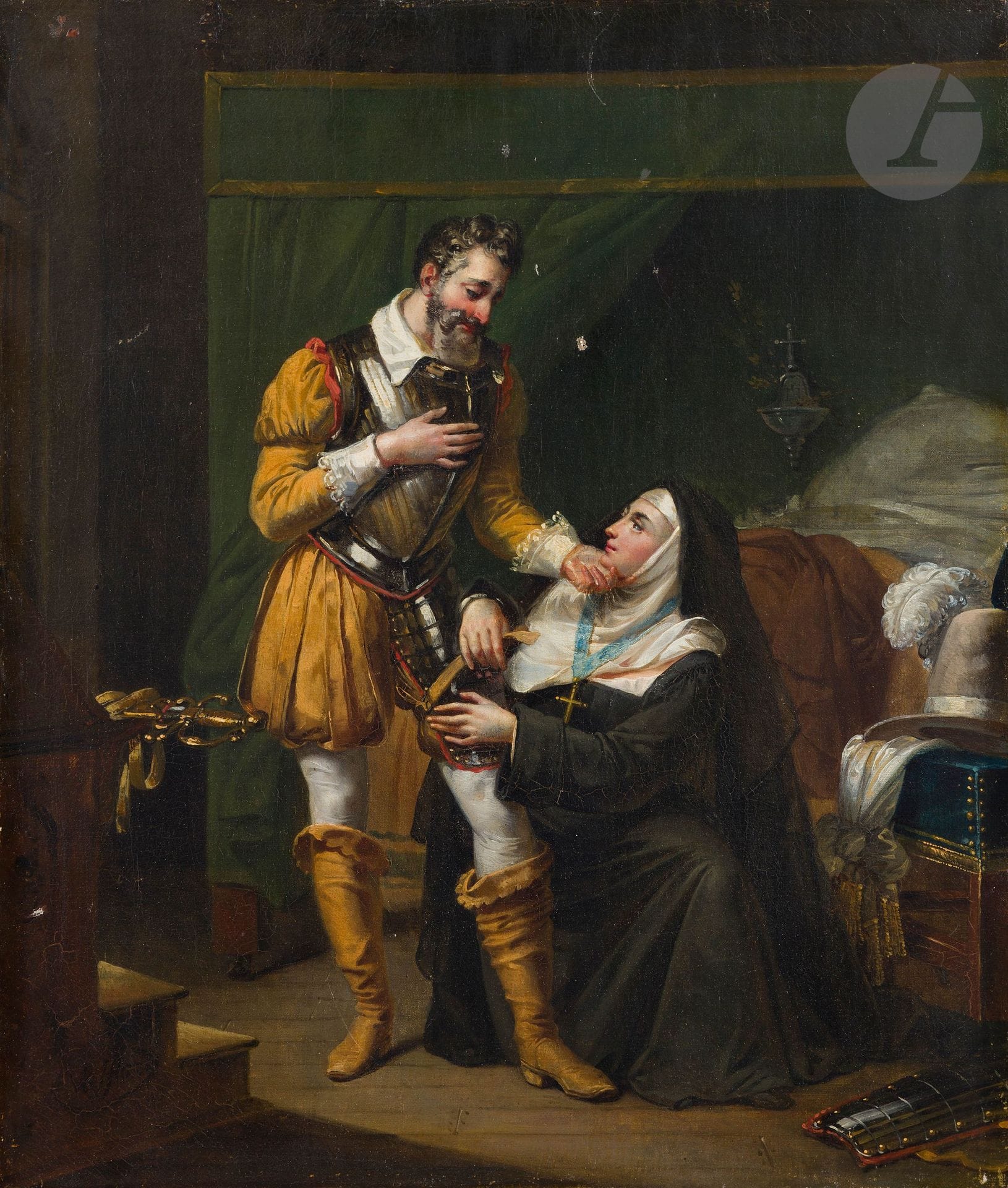 Pierre Antoine Augustin VAFFLARD (Paris, 1777 - 1840)
Henri IV et l’abbesse de Montmartre
Toile d’origine de Belot
Signée en bas à gauche
Étiquette au verso sur la barre centrale du châssis portant une inscription à la plume et à l’encre : « 184 / Vaffelard. Henri 4 et l’Abefs de Montmartre. N°230. »
56,2 x 38 cm
 
Provenance : - Sazerac et Duval, Paris.
- Vente étude Normandy Auction, Paris, l’Hôtel Drouot, 20 mars 2020, n° 47.

Exposition :
Paris, Salon de 1824, n°1660 (« Henri IV et l’abbesse de Montmartre »)



Marie-Catherine de Beauvilliers est une religieuse de l’abbaye de Montmartre qui a accueilli Henri IV lorsqu’il assiège Paris en 1590 pendant les guerres de religion. Elle devient alors maîtresse royale. Huit ans plus tard, le roi fait d’elle la mère abbesse.

