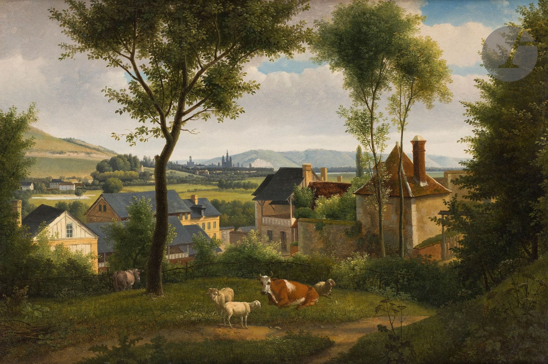Alexandre-Hyacinthe DUNOUY (Paris, 1757 - Jouy-sur-Lionne, 1841)
Vue de Rouen, prise de Canteleu
Papier marouflé sur toile
31 x 49,5 cm


Si Dunouy a séjourné à maintes reprises à Rouen ,où il est reçu par les Arnaud-Tizon, belle-famille de Pierre Vitet, « le meilleur des amis », cette scène champêtre est l’une des rares vues des environs de la ville normande que nous lui connaissons. Dunouy parle de « l’heureuse colonie de Bapeaume » dont notre tableau restitue le cadre. Probablement peint sur place entre 1795 et 1810, il adopte un point de vue singulier, pris à partir de la commune de Bapeaume, au pied de la côte de Canteleu, qui domine la forêt domaniale et le long de la route de Maromme qui longe la Clairette.
Dunouy à l’habitude de confier l’exécution des figures à des confrères spécialisés mais l’auteur des animaux ici représentés pourrait être Vitet, qui s’adonne à l’étude du paysage en sa compagnie comme en témoigne le livret du Salon de 1810.

