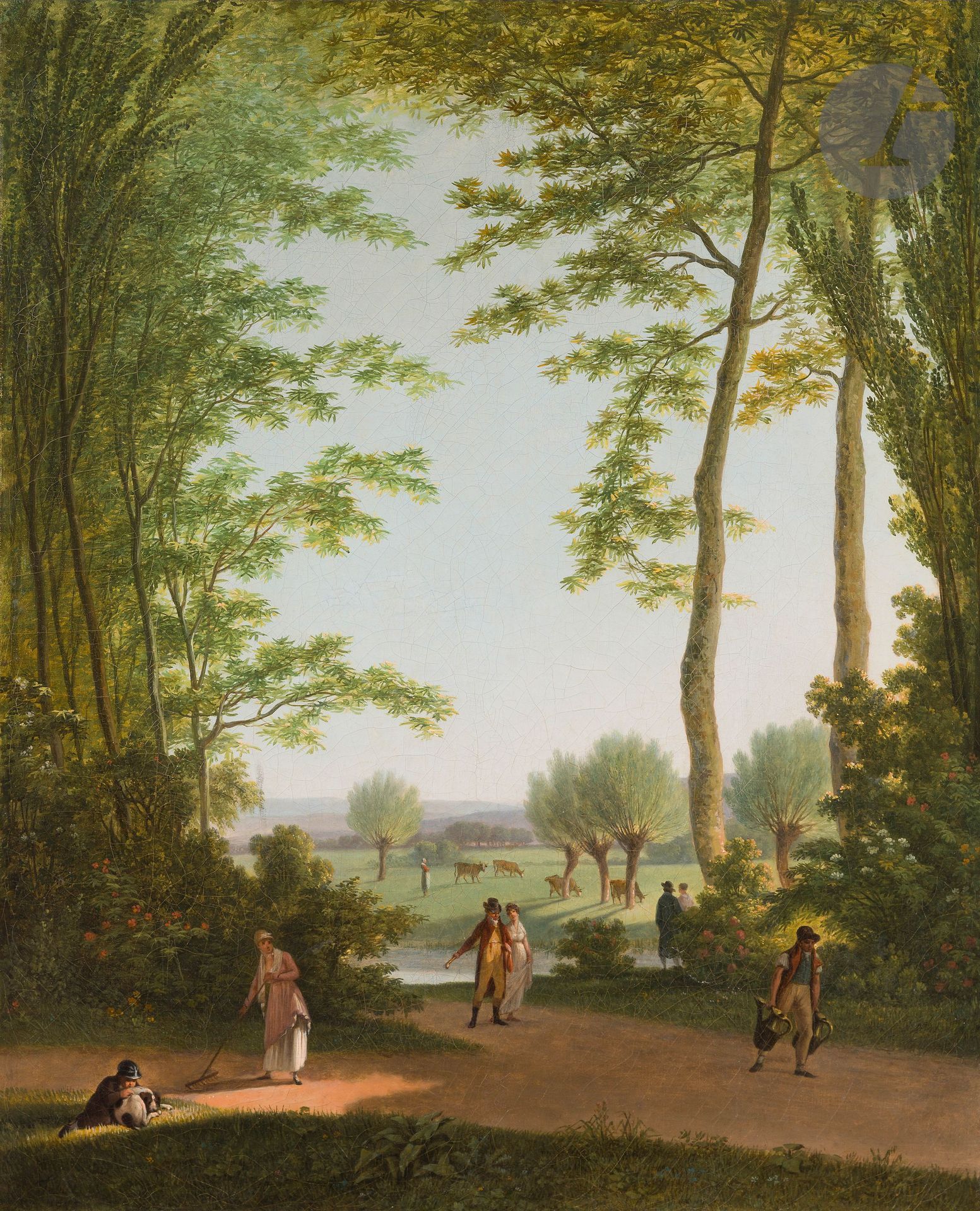 François-Jean SABLET (Morgues, 1745 - Nantes, 1819)
Vue d’un parc dans les environs Nantes, 1808
Toile
Signée et datée en bas à gauche : « Sablet / 1808 »
57 x 46 cm

Provenance :
Mathurin Crucy (1749-1826); puis par descendance.

Exposition :
Les Frères Sablet (1775-1815), peintures, dessins, gravures, Nantes, Musées Départementaux de Loire-Atlantique; Lausanne, Musée Cantonal des Beaux-Arts ; Rome, Museo di Roma Palazzo Braschi, 1985, dir A. van de Sandt, n° lOS, reproduit p. 124.

Les trois frères Crucy : Mathurin, Louis et Antoine et les deux frères Sablet sont en relations étroites tout au long de leurs vies. Ils s’étaient liés d’amitié à Rome à partir des années 1779-1780. François Sablet représente Mathurin Crucy dans un intérieur en 1815 (Nantes, collection familiale des descendants de Mathurin Crucy). Si notre tableau n’est pas identifiable parmi les nombreuses œuvres des frères Sablet représentées dans ce portrait, il fait bien partie de la collection de Mathurin Crucy, qui l’a acquis directement auprès de François Sablet autour de 1808, date de son exécution.
La toile pourrait représenter le domaine de la Bégraisière à Saint-Herblain, aux environs de Nantes, acheté par l’architecte au moment des saisies révolutionnaires ou l’une de ses propriétés des bords de Loire, comme semblent l’indiquer le cours d’eau et les coteaux visibles au lointain.
