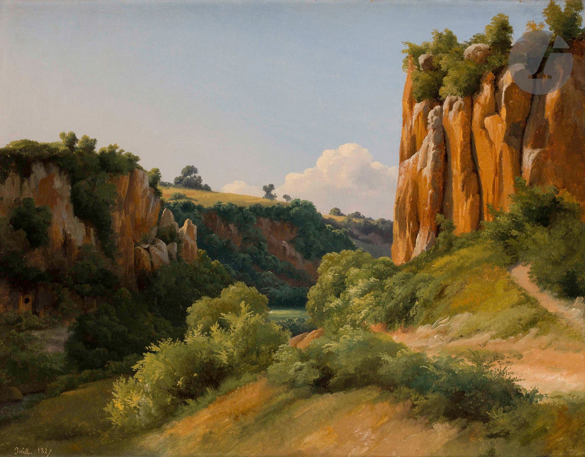 Prosper BARBOT (Nantes, 1798 - Chambellay, 1878)
Rochers à Civita Castellana
Papier marouflé sur toile
Daté en bas à gauche : « Juill. 1827 »
Localisé sur le châssis : « Rochers - Civita Castellana »
Étiquette ancienne au verso sur le châssis portant le numéro : « 107 »
31 x 38 cm

Provenance :
- Caroline Garnon (1838-1900), née Barbot, fille de l’artiste.
- Henriette Le Châtelier (1865-1934), née Garnon, fille de la précédente.
- Georges Le Châtelier (1857-1935), époux de la précédente.
- Caroline Bour (1883-1947), née Leroux, nièce du précédent.
- Resté dans sa descendance jusqu’à nos jours.
