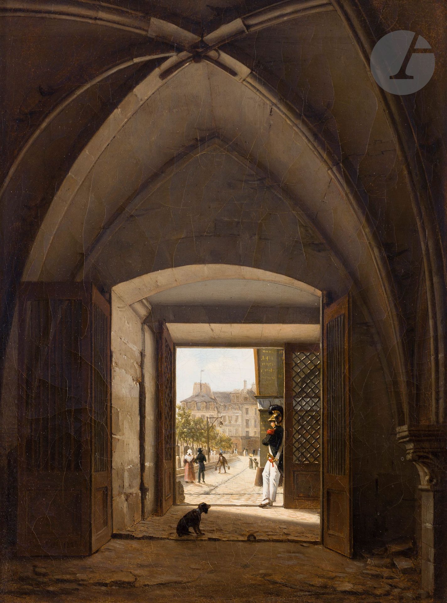 Étienne BOUHOT  (Bard-lès-Epoisses, 1780 - Semur-en-Auxois, 1862)
Vue présumée de la maison Bellechasse, rue Saint-Dominique, 1824
Toile d’origine de Belot
Signée en bas à gauche : « Bouhot, 1824 »
Tampon au verso : « Delarue »
32,4 x 24,5 cm

Exposition :
Probablement Paris, Salon de 1824, n°232.


Le sujet des peintures de Bouhot sont souvent des vues d’architectures, perçues depuis un angle peu commun, permettant d’appréhender le monument avec un regard nouveau. C’est le cas dans notre tableau qui représente une vue du couvent des dames chanoinesses du Saint-Sépulcre, congrégation de sœurs augustines établie en 1635 au Faubourg Saint-Germain, rue Saint-Dominique, dont l’entrée est située en face de la rue de Bellechasse.

À l’Est, le couvent est séparé d’un grand pavillon par une cour fermée à la façade en retrait. Il est aménagé par les religieuses en maison autonome afin d’y accueillir des locataires et fut prolongée au Sud par une galerie. Au bout de cette galerie et perpendiculaire à elle se trouve une église ; c’est là que Bouhot a placé son chevalet. Les bâtiments conventuels et les logements des élèves ont été supprimés entre 1790 et 1805. Le reste devient propriété nationale, afin de prolonger la rue de Bellechasse jusqu’à la rue de Grenelle. C’est un témoignage de ce processus de transformation du faubourg Saint-Germain que le peintre montre avec cette vue du couvent.

La même année, au Salon de 1824 qui se révèle être l’un des plus importants de sa carrière, Bouhot présente une Vue de la maison Bellechasse, rue Saint-Dominique, probablement notre tableau.
