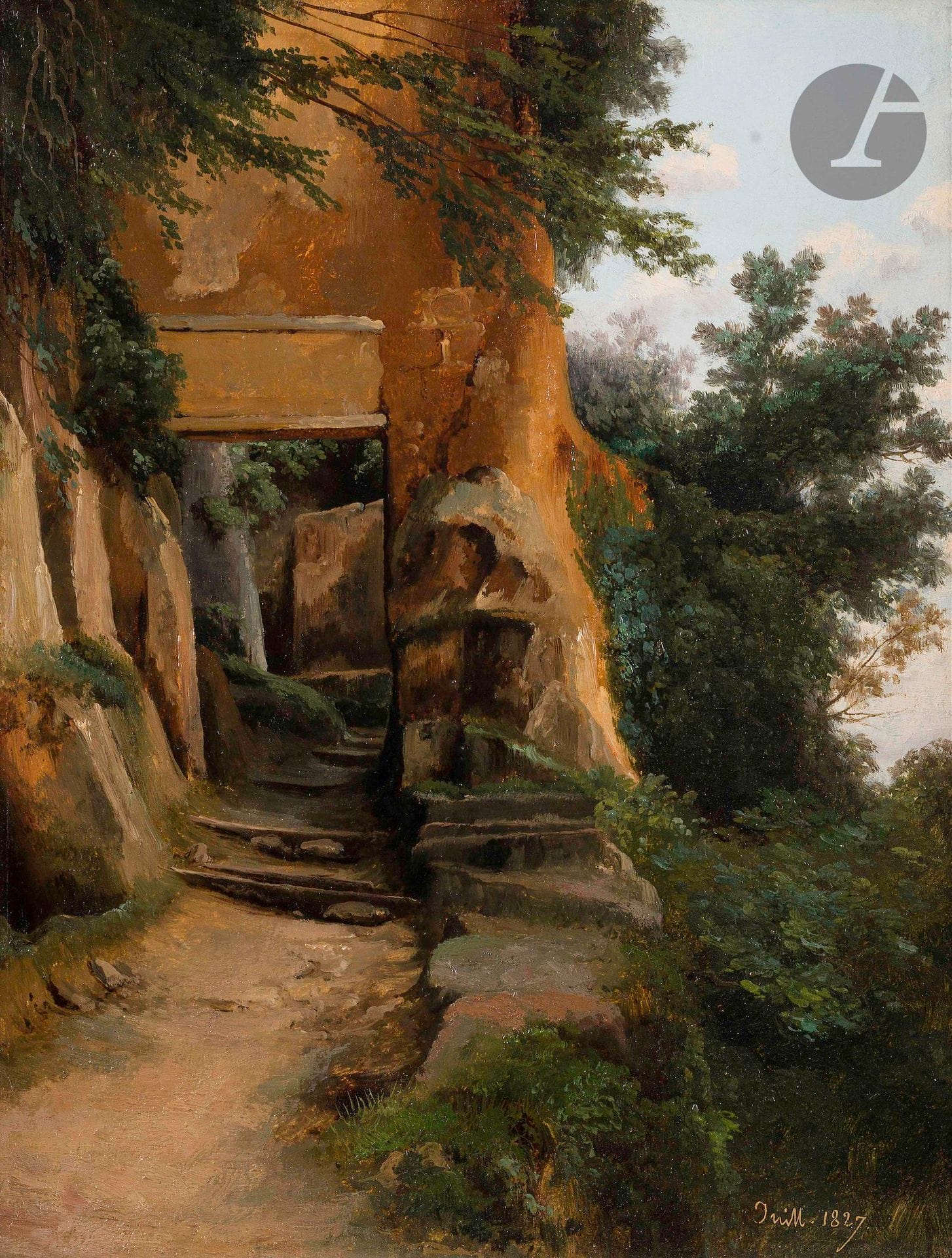 Prosper BARBOT (Nantes, 1798 - Chambellay, 1878)
Escalier à Civita Castellana
Papier marouflé sur toile
Daté en bas à droite : « Juill. 1827 »
Localisé sur le châssis : « Environs de Rome »
29 x 22,2 cm
Étiquette ancienne au verso sur le châssis portant le numéro : « 105 »
Une autre étiquette portant le numéro : « 355 »

Provenance :
- Caroline Garnon (1838-1900), née Barbot, fille de l’artiste.
- Henriette Le Châtelier (1865-1934), née Garnon, fille de la précédente.
- Georges Le Châtelier (1857-1935), époux de la précédente.
- Caroline Bour (1883-1947), née Leroux, nièce du précédent.
- Resté dans sa descendance jusqu’à nos jours.


Le second voyage en Italie est l’occasion pour Barbot de redécouvrir avec un œil nouveau les lieux visités autrefois en tant qu’architecte. Les carnets de l’artiste nous permettent de connaître très précisément son déroulé. Nous savons ainsi qu’en prévision de ce voyage, il entre deux mois avant dans l’atelier de son futur compagnon de voyage, Jules Coignet (1798-1860), paysagiste déjà reconnu. Ne partageant ni ses idées, ni son mode de vie, Barbot semble parfois souffrir de leur proximité, mais lui reste fidèle tout au long de l’année et demie passée ensemble.
