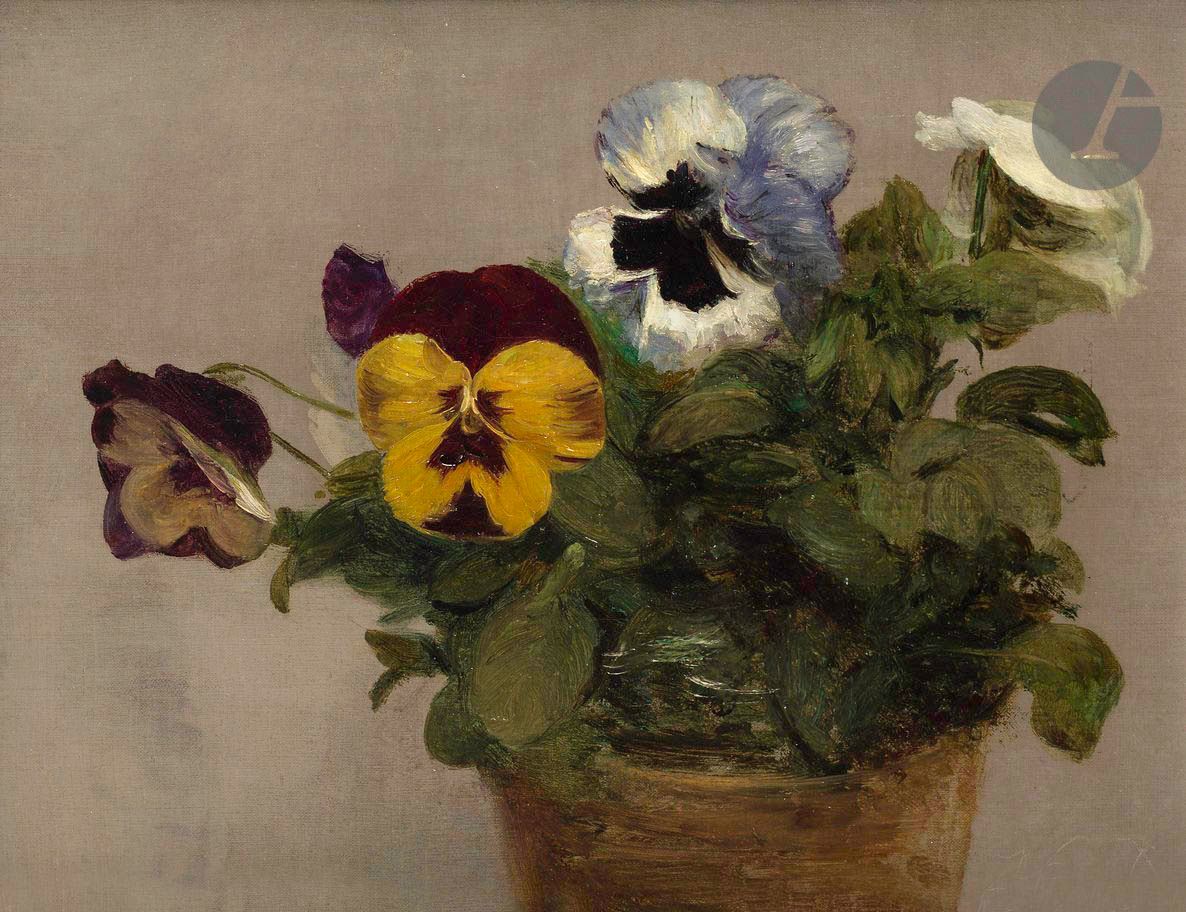 Victoria DUBOURG (Madame Henri FANTIN-LATOUR) (Paris, 1840 - Buré, 1926)
Pensées en pot
Toile d’origine
Monogrammée en bas à droite avec la pointe du pinceau : « V.D »
21 x 26,8 cm


Victoria Dubourg passe une partie de son enfance à Francfort. De retour à Paris, elle est formée par Fanny Chéron qui ouvre un atelier pour jeunes filles. Elle rencontre Édouard Manet dès le début des années 1860. Edgar Degas peint son portrait vers 1868-1869 (Toledo, Museum of Art). En 1865, elle obtient une carte de copiste au Louvre. Elle y rencontre Henri Fantin-Latour qu’elle épouse en 1876. En 1866, grâce à la recommandation de Gustave Chaix d’Est-Ange, vice-président du Conseil d’État et président de la section des Travaux publics et des Beaux-Arts, notre artiste reçoit une commande de copie de La Vierge, l’Enfant Jésus, sainte Martine de Pierre de Cortone pour l’église d’Habloville et, plus tard, des Pèlerins d’Emmaüs de Titien pour l’église de Servon. Dubourg expose pour la première fois au Salon en 1868, Nature morte ; le pot au feu. La nature morte va devenir sa spécialité même si, en 1869, elle expose au Salon un Portrait de Mlle S. B. Après la mort de Fantin-Latour en 1904, elle organise une importante rétrospective et consacre plusieurs années à l’élaboration d’un catalogue raisonné au détriment de son propre travail.

