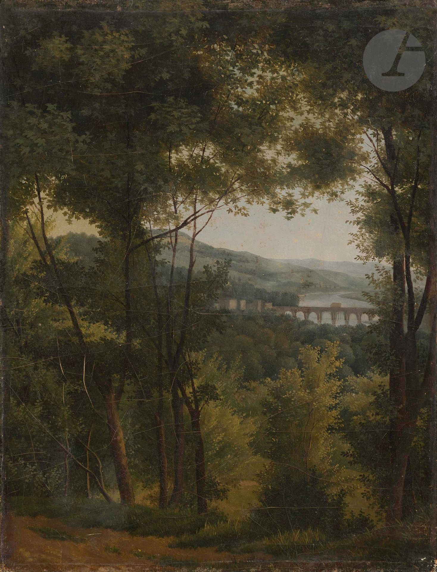 Alexandre-Hyacinthe Dunouy (Paris, 1757 - Jouy-en-Josas, 1841)
Vue présumée des Montalets
Papier marouflé sur toile
31,4 x 24,1 cm (nouveau châssis : 31,7 x 24,6 cm)
 En 1795, Châteaubriand dit dans sa Lettre sur l’art du paysage : « Le peintre qui représente la nature humaine doit s’occuper de l’étude des passions : si l’on connaît le cœur de l’homme, on connaîtra mal son visage. Le paysage à sa partie morale et intellectuelle comme le portrait ; il faut qu’on parle aussi, et qu’à travers l’exécution matérielle on éprouve, ou les rêveries ou les sentiments, que font naître les différents sites. Il n’est pas indifférent de peindre dans un paysage, par exemple, des chênes ou des saules, les chênes à la longue vie : durando saecula vincit, aux écorces rudes, aux bras vigoureux, à la tête altière : immota manet, inspirent sous leurs ombres des sentiments d’une tout autre espèce que ces saules au feuillage léger, qui vivent peu et qui ont la fraîcheur des ondes où ils puisent leur sève : umbrae irrigui fontis amica salix. C’est que le paysage doit être dessiné sur le nu». Dunouy semble avoir suivi les recommandations de son illustre voisin à Aulnay, répondant ainsi aux préoccupations des romantiques.

