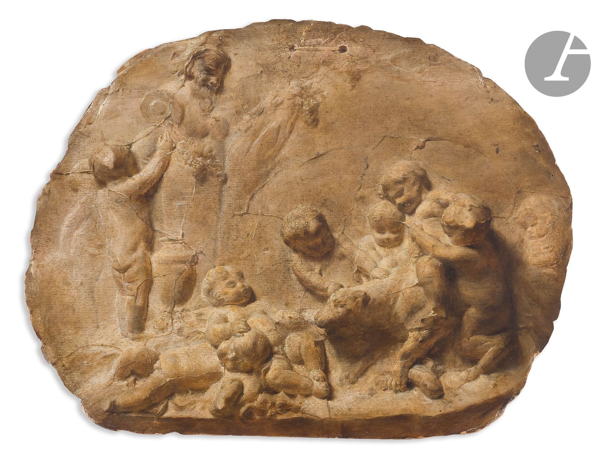 François FERRIÈRE (Genève, 1752 - Marges, 1835)
Jeux d’enfants (Le Printemps)
Carton contrecollé sur bois
Inscription au verso sur le panneau de bois : « Peint par François Ferrière (1752-1839) / de la collection de Charles Toepffer ? (illisible) / (acheté à Mlles Toepffer en novbre 1905 / par Dr Ferrière) / Appartient à Ch. Ferrière. »
25,9 x 33,7 cm

Provenance :
- Jean-Charles Töpffer (1832-1905), sculpteur, médailleur, Paris, Genève.
- Acheté auprès de ses héritières par le docteur Frédéric-Auguste Ferrière (1848-1924), Genève.
- Son fils, Charles Ferrière (1888-1979), entomologiste, Genève.
- Vente Koller, Zurich, 29 mars 2019, n° 3086.

Notre tableau reprend la composition de l’un des bas-reliefs de l’ensemble Les quatre saisons attribué à Louis-Félix de La Rue passé en vente à Paris (Hôtel Drouot, 6 juin 2018, Me Thierry de Maigret, n° 54). Modèle circulant fréquemment dans les ateliers, nous en connaissons une reprise par Anne Vallayer-Coster passée en vente à Paris (Hôtel Drouot, Mes Audap-Solanet, Godeau-Veillet, 16 juin 1995, n° 47).
Il existe plusieurs photographies de l’atelier de Jean-Charles Töpffer sur lesquelles est visible notre tableau.