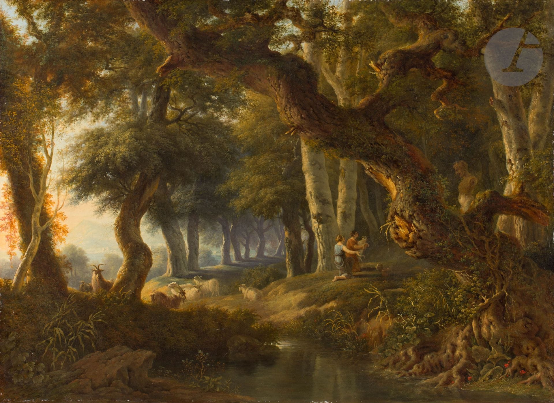 Attributed to Pierre-Henri de VALENCIENNES (Toulouse, 1750 - Paris, 1819)
Pastoral landscape, Daphnis and Chloe offering a goat to Pan (?)
Canvas
73 x 100 cm
 
Exhibition :
La Nature l'avait créé peintre, Pierre-Henri de Valenciennes 1750-1819, exhibition Musée Paul Dupuy, Toulouse, 19 March-30 June 2003, cat. 134.
 

This painting shows the reuse of a composition and landscape elements that are found in several of the artist's works; the composition is very similar to that of A Stag on a Wooded Path with Two Figures.


