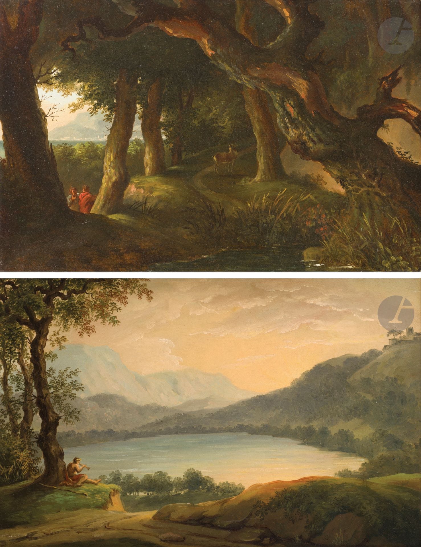 Pierre-Henri de VALENCIENNES (Toulouse, 1750 - Paris, 1819)
Cerf sur un chemin boisé avec deux personnages ;  Vue du lac de Nemi avec joueur de flûte
Paire de papiers marouflés sur panneaux
Signés en bas à droite : Valenciennes
28,6 x 43,8 cm
Étiquette manuscrite au dos sur le châssis : « P.H. de Valenciennes, 2 pendants appartenant à Mr et Mme Valenciennes ».

Provenance :
- Vente de l’atelier de l’artiste, Paris, 26 avril 1819, partie du n° 15.
- Vente Sotheby’s, New York, 28 juin 2001 (la paire) n° 182.


Reconnu par ses contemporains comme le plus grand paysagiste de son époque, Pierre-Henri de Valenciennes est formé à l’Académie de Toulouse par Jean-Baptiste Despax et le miniaturiste Guillaume Bouton. Le jeune artiste parcourt alors la Gascogne et les Pyrénées en quête de sites pittoresques. Son intérêt précoce pour les ruines tient à la fois à la présence du Hollandais Henry Ferguson à Toulouse au début du XVIIIe siècle, à son premier séjour en Italie en 1769 et à sa rencontre avec Hubert Robert à Chanteloup. Après un passage dans l’atelier de Gabriel Doyen, Valenciennes repart en Italie : il séjourne à Rome, à Naples et en Sicile. De retour à Paris, il rencontre Joseph Vernet. Après un troisième et dernier voyage en Italie, Valenciennes s’installe définitivement à Paris où il est reçu à l’Académie (1807). Dès lors, il présente régulièrement aux Salons des «paysages historiques». En 1812, il est nommé professeur de perspective à l’École des Beaux-Arts de Paris, où il crée le prix «Paysage Historique» dont le premier lauréat sera son élève Michallon, le futur maître de Corot.
Notre tableau, Cerf sur un chemin boisé avec deux personnages, est un paysage «ajusté» comme le définit Valenciennes. Nous pouvons apercevoir le Monte Cavo à l’arrière-plan à gauche tandis que la partie droite du tableau dérive probablement des études faites aux environs de Nemi (musée du Louvre, inventaire RF 3016).
