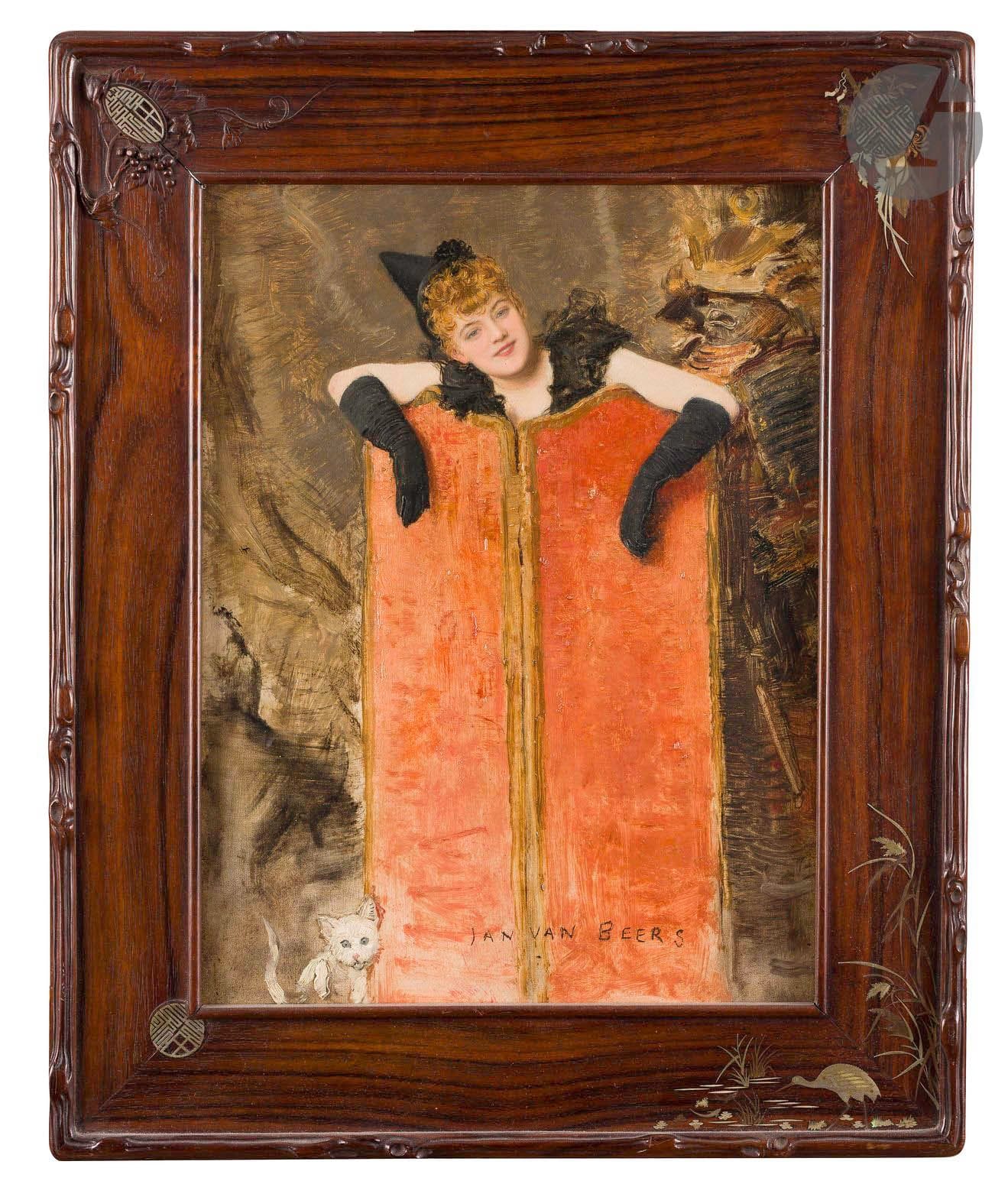 Jan-Marie-Constantin VAN BEERS (Lierre, 1852 - Fay-aux-Loges, 1927)
La Paravent ou Chatteries
Panneau d’acajou
Signé en bas au centre : « JAN VAN BEERS »
32,3 x 23,7 cm 
Cadre : En palissandre à incrustation de cuivre et de nacre

Exposition :
Exposition des œuvres de Jan Van Beers, Paris, Galerie Durand-Ruel, 1888, n° 50.

Bibliographie :
- Journal général de l’imprimerie et de la librairie, vol. 79, 1890, p. 28.
- P. de Mont, Jan Van Beers, Vlaamsche schilders der negentiende eeuw, 1901, p. 76, reproduit p. 82.


Notre tableau justifie le qualificatif donné à Van Beers de « Meissonier des dames » (A. Shaw, Jan van Beers, Review ou reviews and wolds’work, mars 1894, p. 354). Ayant le goût du petit format et recherchant « les situations choquantes, cultivant (...) le paradoxe et l’anachronisme » (E. Bouvy, A propos d’art humoristique, Revue philomatique de Bordeaux, 1er novembre 1907, vol. 10, p. 525), l’artiste peint plusieurs Pierrette. Pour lui il ne s’agit pas d’un thème littéraire ou humble mais de montrer des personnages travestis. Il exécute un portrait de sa Petite amie Georgette qui ressemble à notre Pierrette (collection particulière) avec le même costume et commande à l’atelier de Nadar des photographies de Madame Néri, comédienne des Bouffes parisiennes pour lui servir de modèle dont il s’agit sûrement ici.
En mentionnant une autre Pierrette, le critique Pierre de Labrosse propose une définition de l’œuvre de Van Beers : « La fantaisie de ses figures repose sur [...] une connaissance exacte et non sans ironie des ficelles qui tirent les traits des pantins humains. Ce n’est pas dans le modelé des traits que Van Beers chercher le caractère de ses figures. [...] C’est le plus souvent le clin d’œil, l’arrête d’une bouche, la flexion d’un sourcil, rendus dans leur essentiel, qui décrivent l’effet, simple, élémentaire, mais aigu. C’est une plaisante exagération, et voilà tout. » (Jan Van Beers, La Revue illustrée, 1885, second semestre, p. 786). 



