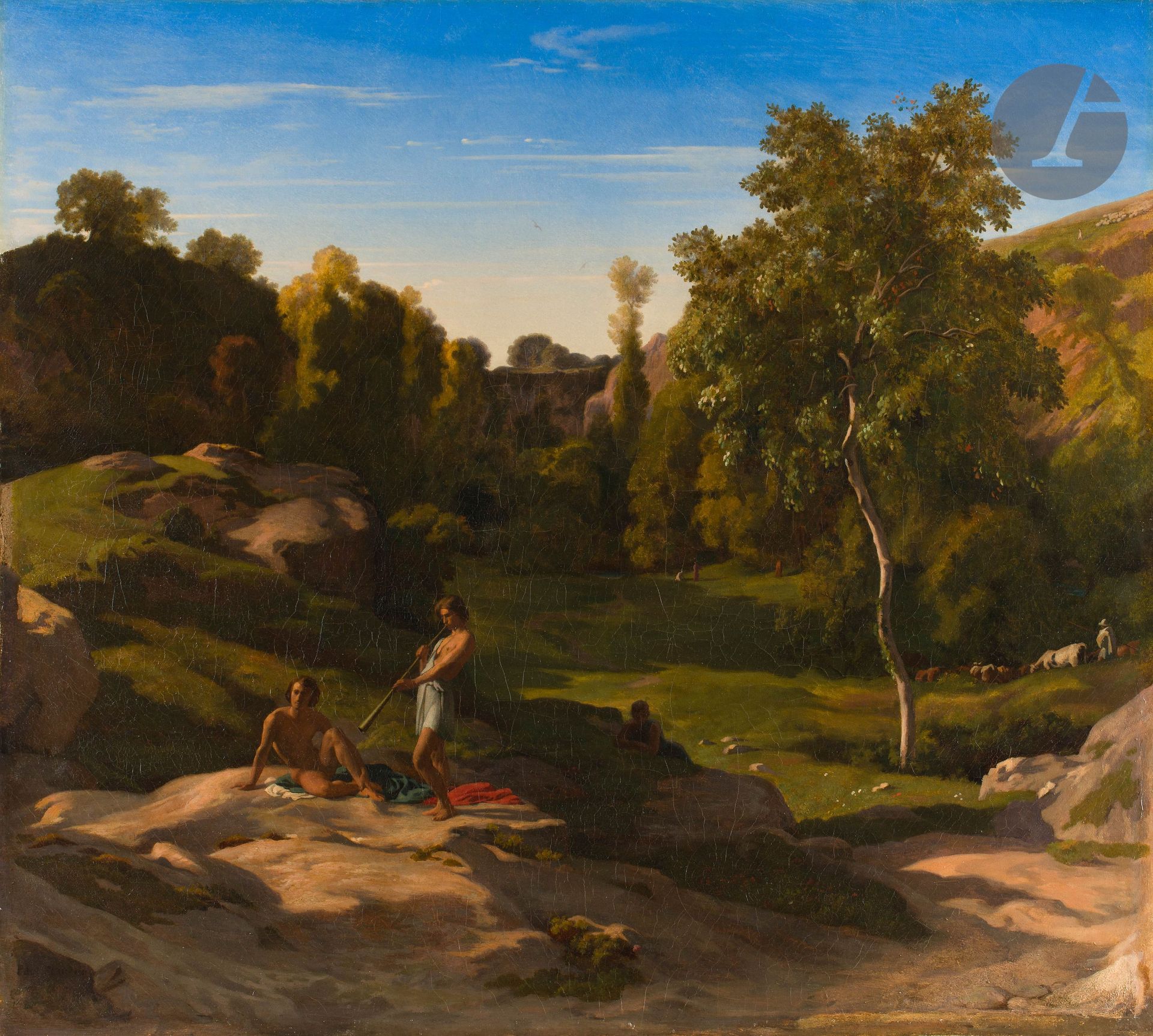 Paul FLANDRIN (Lyon, 1811 - Paris, 1902)
Idyll
Original canvas
Signed lower left: "Paul Flandrin
On the back of the original frame, two numbers, one in ink: "66, the other in black pencil: 3043 A (?) 2
59,5 x 66,5 cm

Exhibition:
Hippolyte, Paul, Auguste. Les Flandrin, artistes et frères, Musée des Beaux-Arts de Lyon, 27 March-27 June 2021, cat. 86.

Bibliography:
Cat. exp. Hippolyte, Paul, Auguste. Les Flandrin, artistes et frères, Musée des Beaux-Arts de Lyon, 27 March-27 June 2021, cited p. 83 and reproduced p. 99.


Along with Paul Desgoffe, Paul Flandrin was one of the few students of Ingres to specialize in landscape painting.
During his stay in Rome from 1834 to 1838, where he followed his brother Hippolyte to the Villa Medici, he adopted the rules of classical historical landscape painting dictated by Nicolas Poussin and Pierre-Henri Valenciennes. On his return to France, he painted views and memories of Italy in this tradition, but the company of his friends Corot and Ravier, and then after 1847 that of Harpignies and Daubigny, allowed him to soften his technique.
Flandrin liked to call Idylle a large number of his pastoral landscapes exhibited at the Salon from 1869 on. Two preparatory drawings (in private collections) of the trumpeter's figure show variations with our painting. For the musician, Flandrin retains the attitude set up in the sheet of August 12 (private collection) whose model is called Michele Fusco.
