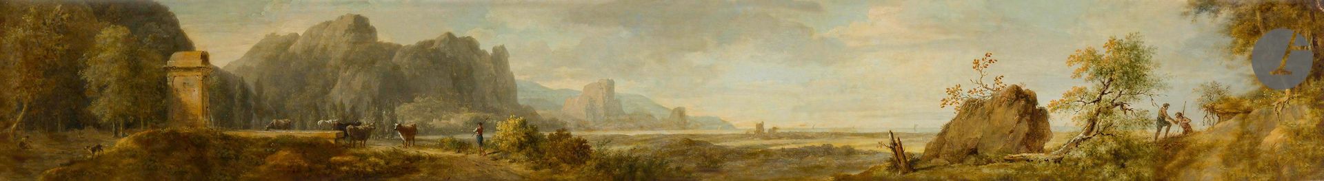 Pierre-Henri de VALENCIENNES (Toulouse, 1750 - Paris, 1819) 
Paysage classique
Fixé sous verre
Signé et daté en bas à droite : « P. Valenciennes. 1810 »
13 x 96 cm

Provenance : 
Peut-être vicomtesse de L’Espine.
Notre vue panoramique est un élément décoratif s’insérant entre l’arrière du clavier et la table d’harmonie pour fermer la caisse d’un pianoforte carré (le facteur devait pouvoir accéder au clavier et éventuellement le retirer pour les réglages), instrument qui s’implante en France dans les années 1770. À partir des années 1803-1804, les frères Erard utilisent un système décoratif pour les instruments d’apparat avec un doublage de la barre de clavier par un panneau décoratif en verre églomisé conçu par Antoine Rascalon. Les flancs du clavier sont alors recouverts, constituant ainsi un écrin. Le répertoire est ornemental, le format imposant un décor en frise. Dans les instruments sans décor particulier, cette planche porte une plaque au nom du facteur, souvent en marqueterie. 
Très peu de ces frises de pianoforte avec peinture figurative sous verre nous sont parvenues. Nous connaissons celle peinte par Anthelme François Lagrenée sur un pianoforte construit par Ignace Pleyel et Charles Lemme en 1806 (Madrid, musée des Arts décoratifs). 
Œuvre majeure de la maturité de Pierre-Henri de Valenciennes, ce tableau peut être considéré comme un panorama représentant un lieu idéal, italianisant. Si l’artiste refuse de peindre des vedute dans la tradition de Canaletto et Bellotto, il s’intéresse à la reproduction exacte de la lumière qui lui sert dans des dessins d’optique ou dans des réalisations plus complexes telles que les fixés sous verre. Geneviève Lacambre a travaillé sur le sujet en 2006 dans son essai Pierre-Henri de Valenciennes et l’Optique.
(Photographie non contractuelle)