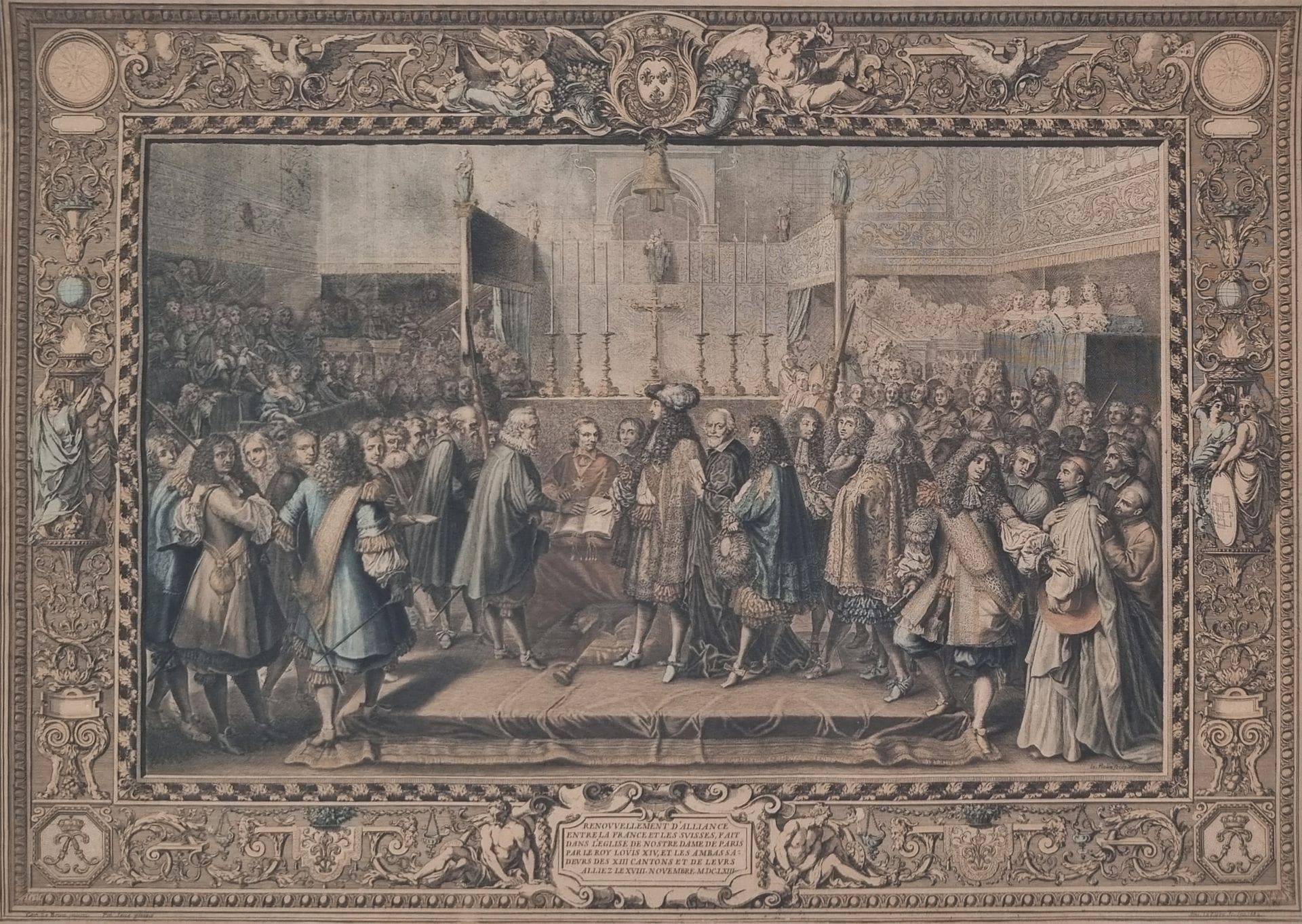 LE BRUN – SEUE 
Renouvellement d’alliance entre la France et les Suisses, fait dans l‘église de Nostre Dame de Paris par le Roy Louis XIV et les des ambassadeurs de XIII cantons et de leurs alliés le XVII NOVEMBRE MDCLXIII 
Gravure par Le Clerc, en partie rehaussée. 
37 x 53 cm
A.B.E.