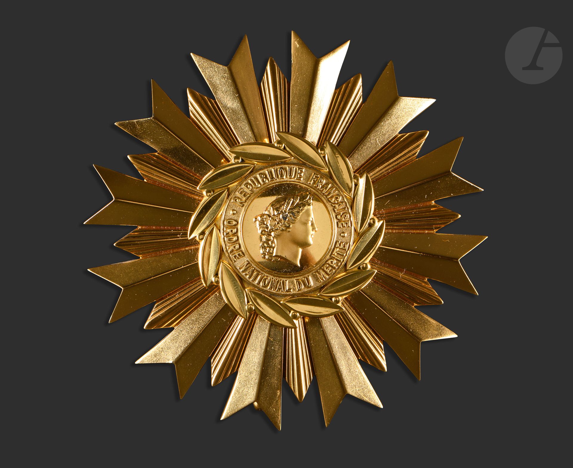 FRANCE 
ORDRE NATIONAL DU MÉRITE 
Plaque de grand-croix du 1er type. 
En argent doré. Centre en 3 parties. Poinçon de la Monnaie de Paris Corne 1*. 
90 mm - Poids net : 116 g
T.T.B. à SUP.