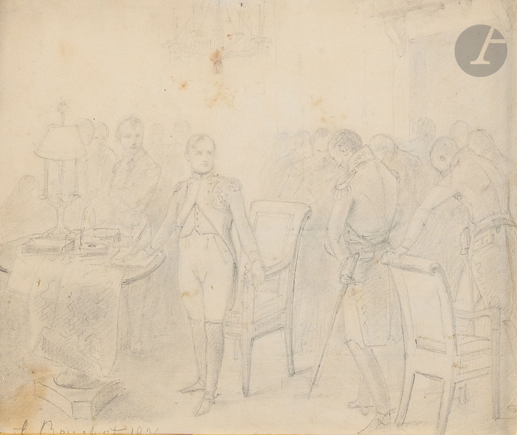 François BOUCHOT (1800-1842)
L’Empereur Napoléon Ier et ses maréchaux lors de l’abdication de 1814 
Dessin au crayon.
Porte une signature et daté « 1834 » en bas à gauche.
15 x 18 cm
Sous verre. Cadre bicolore.