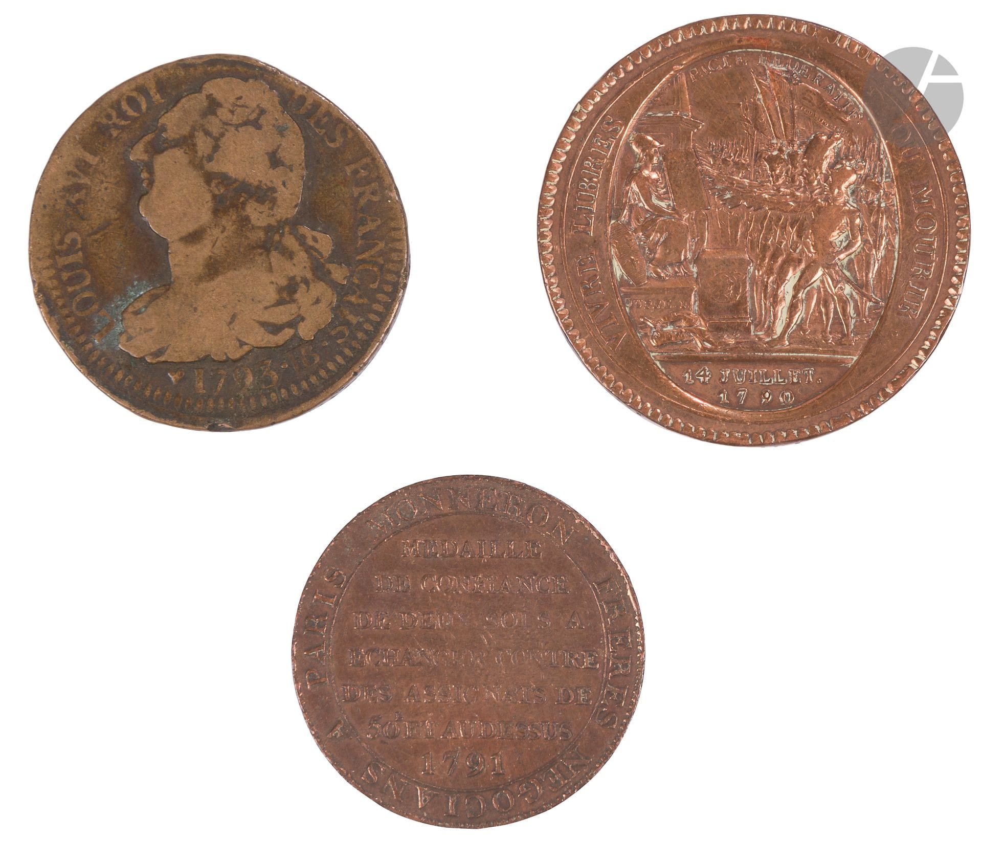 FRANCE
3 pieces : 
- monneron of five sols 1792. In copper marked " MONNERON FRERES NEGOCIANS ". In copper. 
- monneron of two sols 1791. In copper marked " MONNERON FRERES NEGOCIANS ". In copper. 
- Louis XVI KING OF THE DRANCAIS. 2 sols 1793. In copper