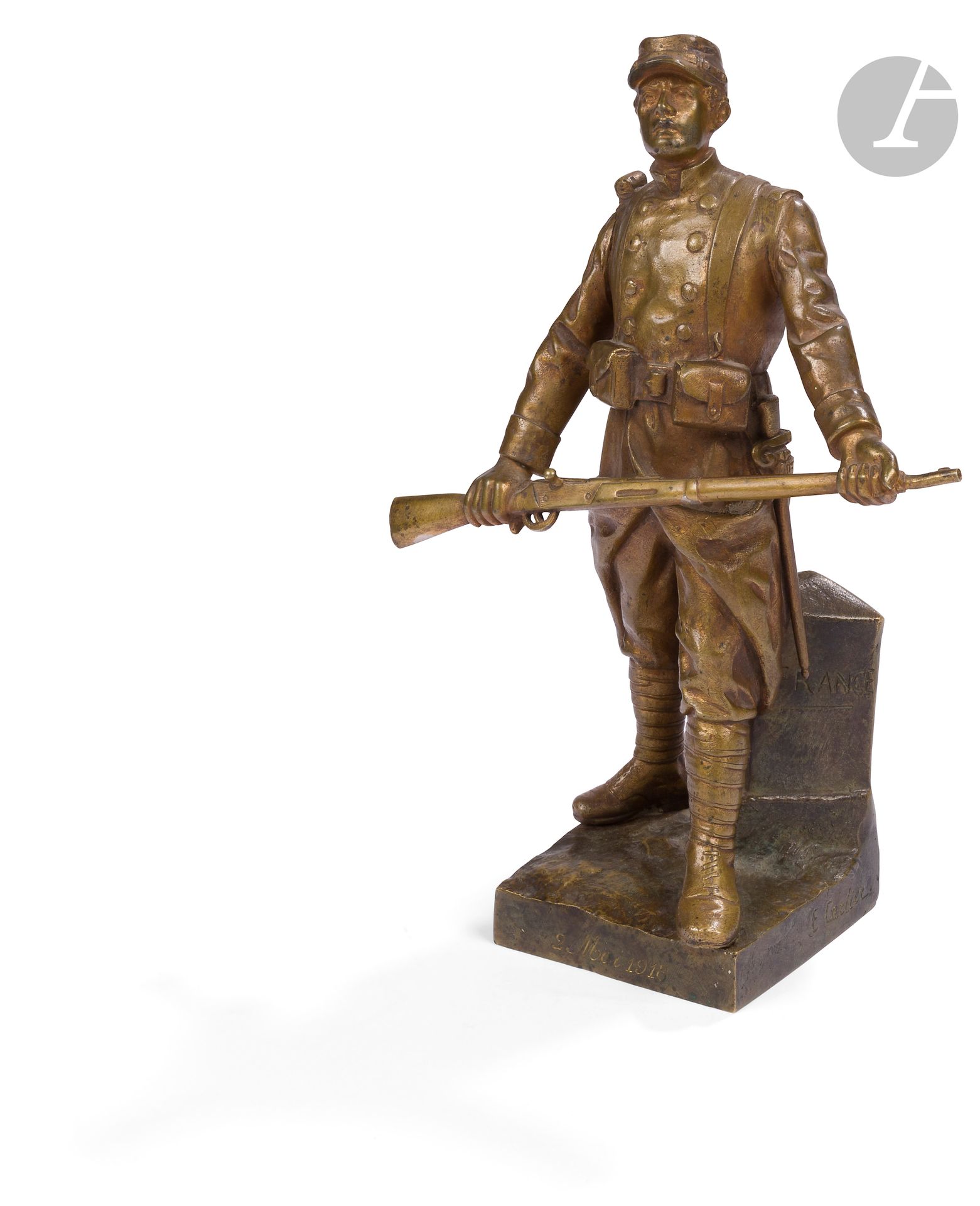 E. Carlier. (1849-1927).École française
Le fantassin, France, mai 1918
Sujet en bronze à patine claire.
Signé et annoté sur la terrasse.
Hauteur : 21 cm
B.E.
Guillemin