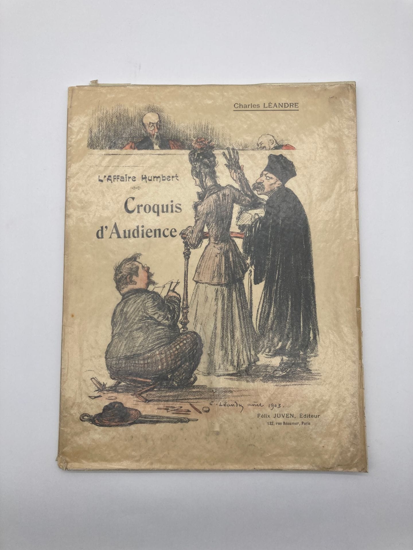 Charles LÉANDRE 
L‘affaire Humbert – Croquis d’audience
Felix Juven Paris, vers 1903. 
30 planches lithographiées en noir par Charles Léandre.
Exemplaire n° 73 sur papier du Japon.
B.E.