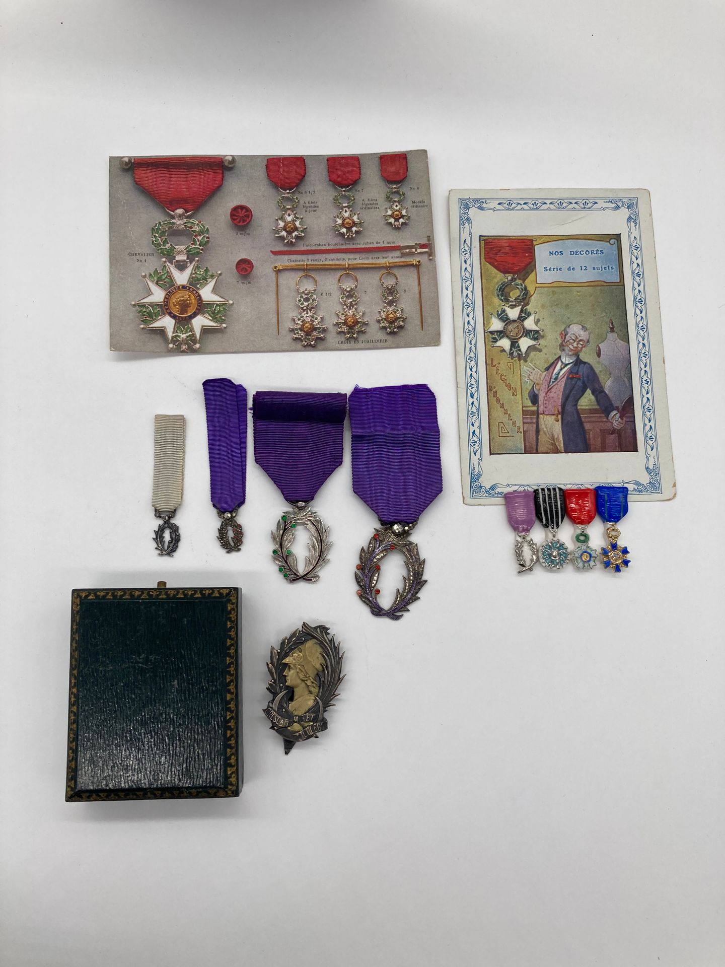 FRANCE 
ORDRE DES PALMES ACADÉMIQUES 
Ensemble comprenant : 
- un insigne de chevalier, modèle de luxe, en argent et émail (infimes éclats), bélière à pointes de diamants, fruits émaillés rouges, revers non émaillé ciselé. Ruban. 39 x 30 mm – 14 g. T.T.B. 
- un insigne de chevalier, en argent et émail, fruits émaillés verts. 34 x 25 mm - Poids brut : 8 g 
-deux miniatures, en argent et émail, une à bélière travaillée à pointes de diamant, une ornée de trois brillants. Rubans.
- Quatre fèves émaillées représentant la Légion d’honneur, l’Ordre national du Mérite, les palmes académiques et les Arts & Lettres. 
- Deux cartes postales sur la Légion d’honneur dont une avec présentation et prix des modèles de luxe de la Maison Chobillon. 
- Insigne en bronze et bronze argenté, à tête d’Athéna, marqué de la devise de Roanne « CRESCAM et LUCEBO » 
T.T.B.