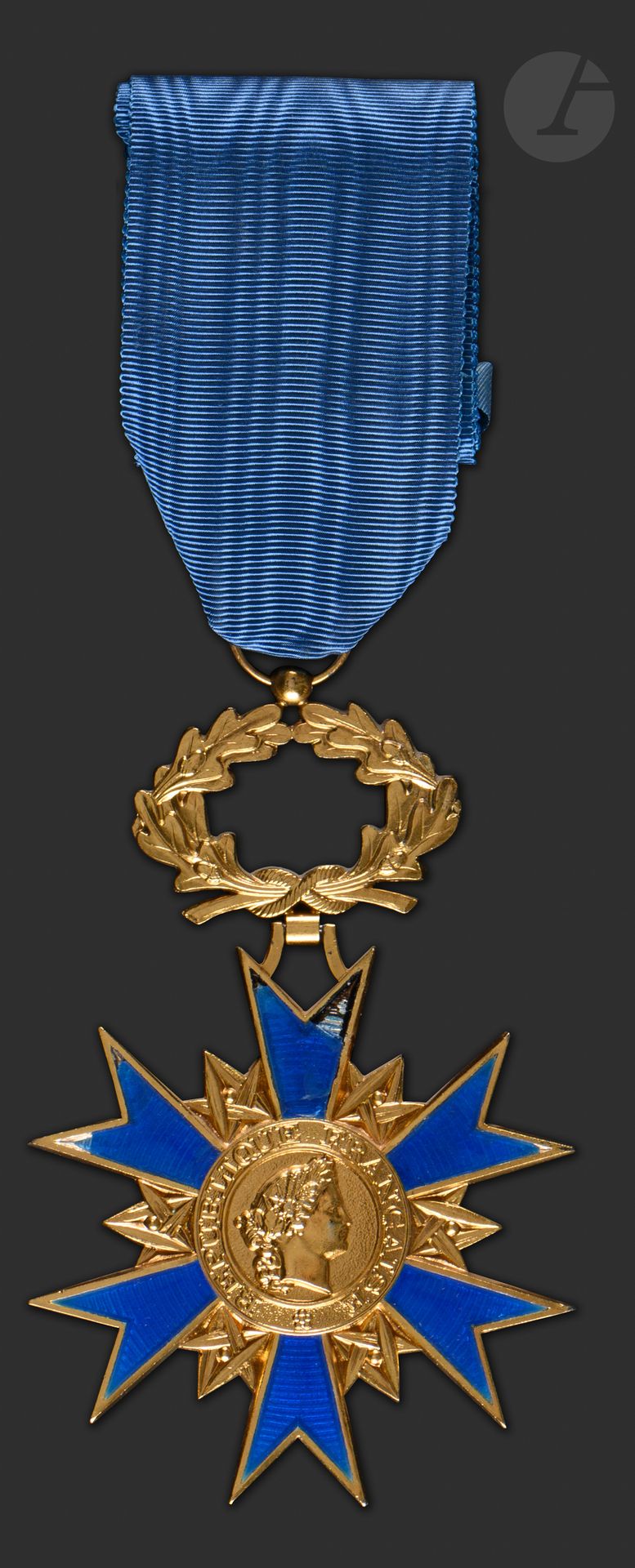 FRANCE
ORDRE NATIONAL DU MÉRITE 
Bijou de grand-croix. 
En vermeil et émail (éclats et manques). Poinçon de la Monnaie de Paris. 
Avec un ruban de présentation. 
98 x 65 mm - Poids net :92 g
B. à T.B.