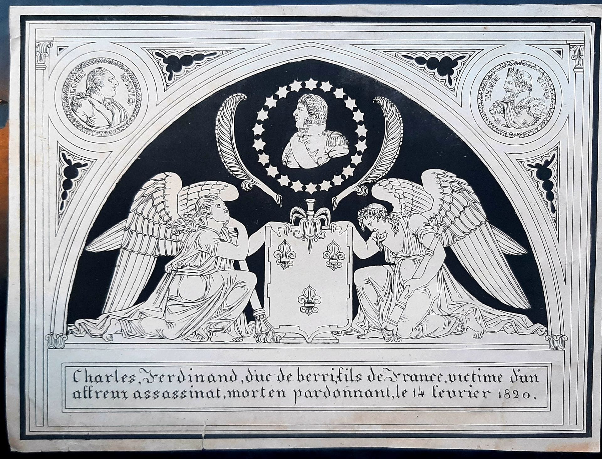 Charles Ferdinand, duc de Berri, fils de France. Victime d’un affreux assassinat, mort en pardonnant le 14 février 1820
Lithographie à décor gothique. 
32 x 24 cm 
M.E. (Petites déchirures en marges, rousseurs, plis)