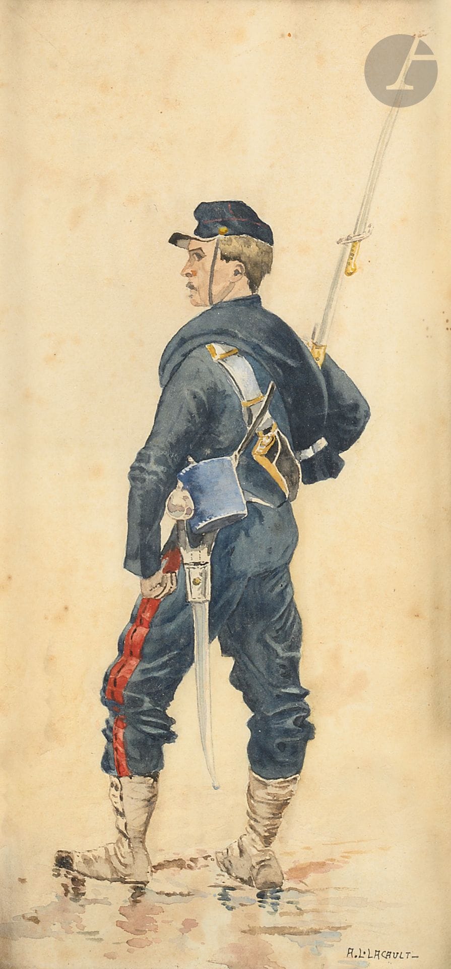 Aquiles Léon LACAULT (born in 1866), after de Neuville. 
Gunner during the war of 1870. 
Watercolor under glass. 
Wooden frame. 
33 x 16 cm