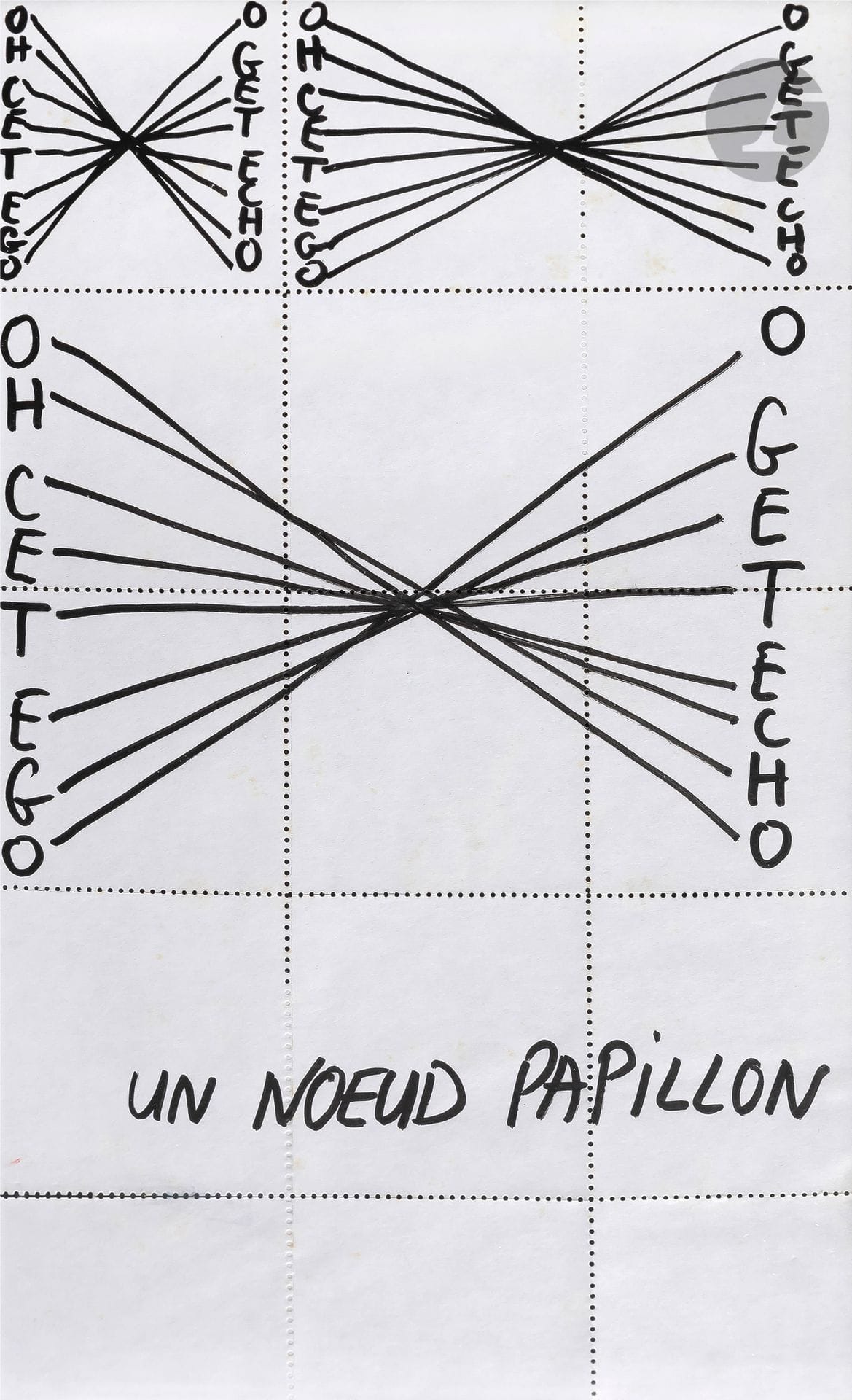 Jean DUPUY (1925-2021)
Un noeud papillon, vers 1992
Feutre sur papier timbre perforé.
Signé au dos sur le montage.
24 x 14,5 cm