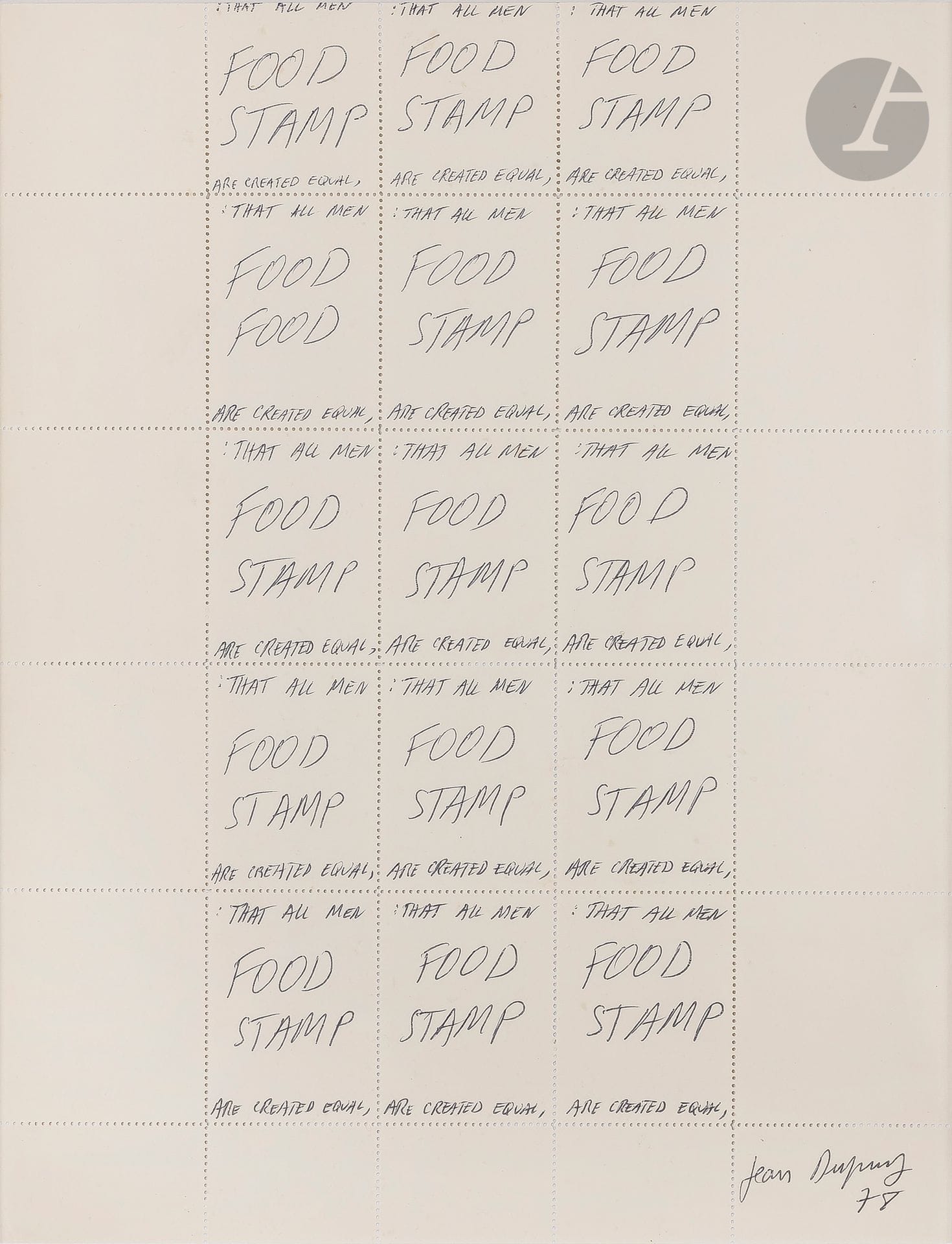 Jean DUPUY (1925-2021)
Food stamp, 1978
Stylo-bille sur papier timbre perforé.
Signé et daté en bas à droite.
28 x 21 cm