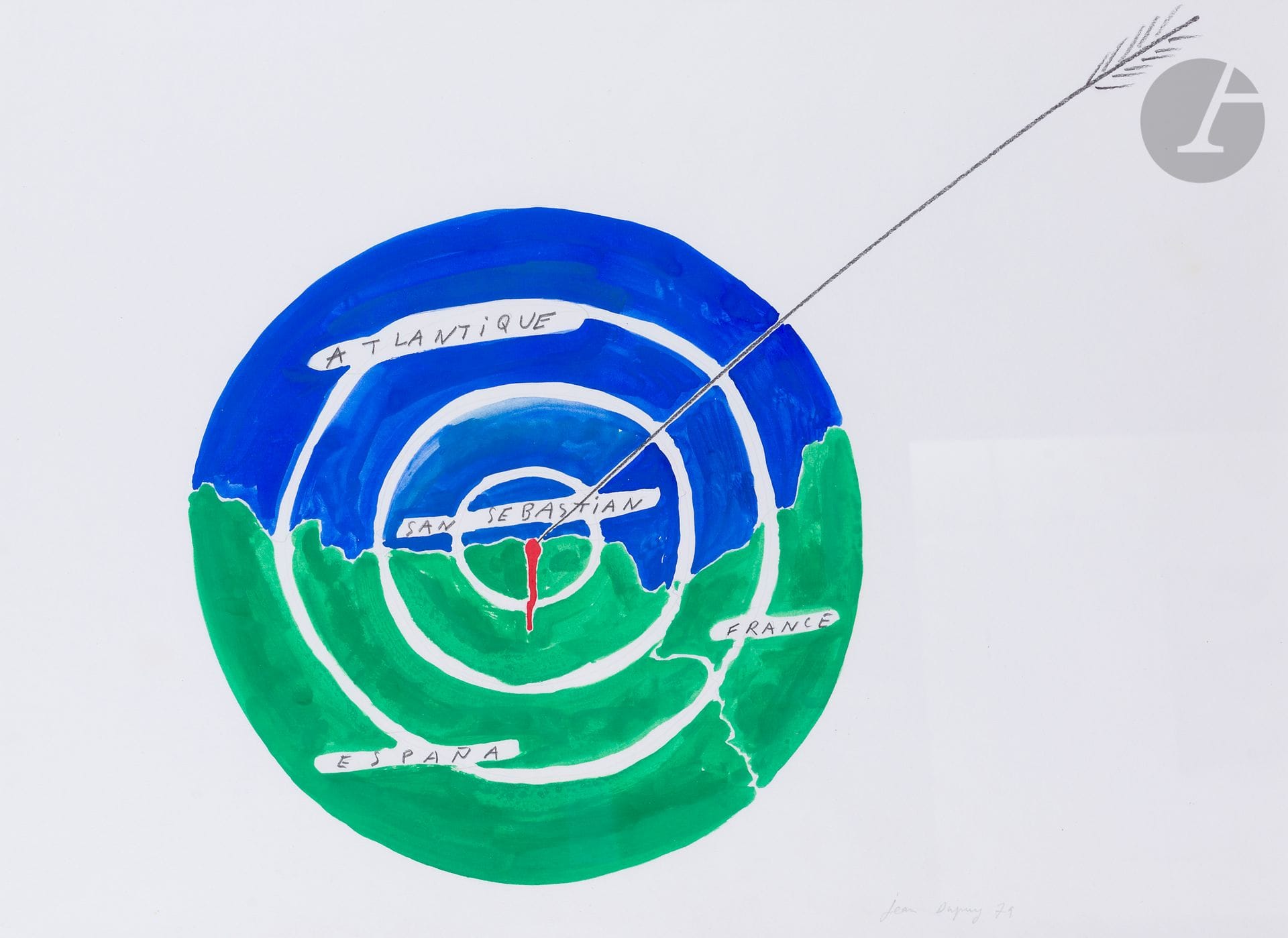 Jean DUPUY (1925-2021)
La Cible : Atlantique, San Sebastian, France, Espana, 1979
Gouache et mine de plomb.
Signée et datée en bas vers la droite.
41 x 56 cm