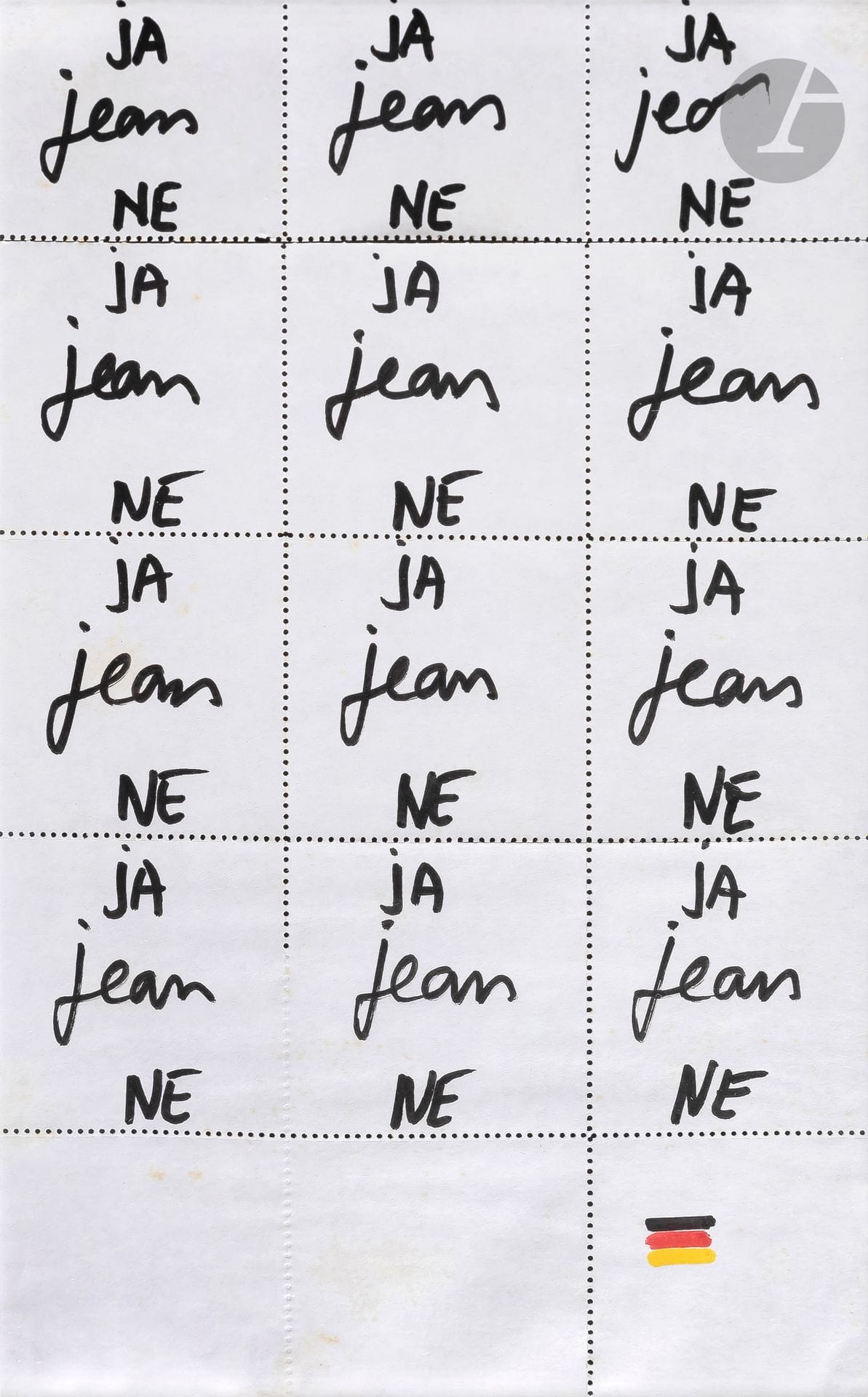 Jean DUPUY (1925-2021)
JA - jean - NE, vers 1992
Feutre sur papier timbre perforé.
Signé au dos sur le montage.
23,5 x 14,5 cm