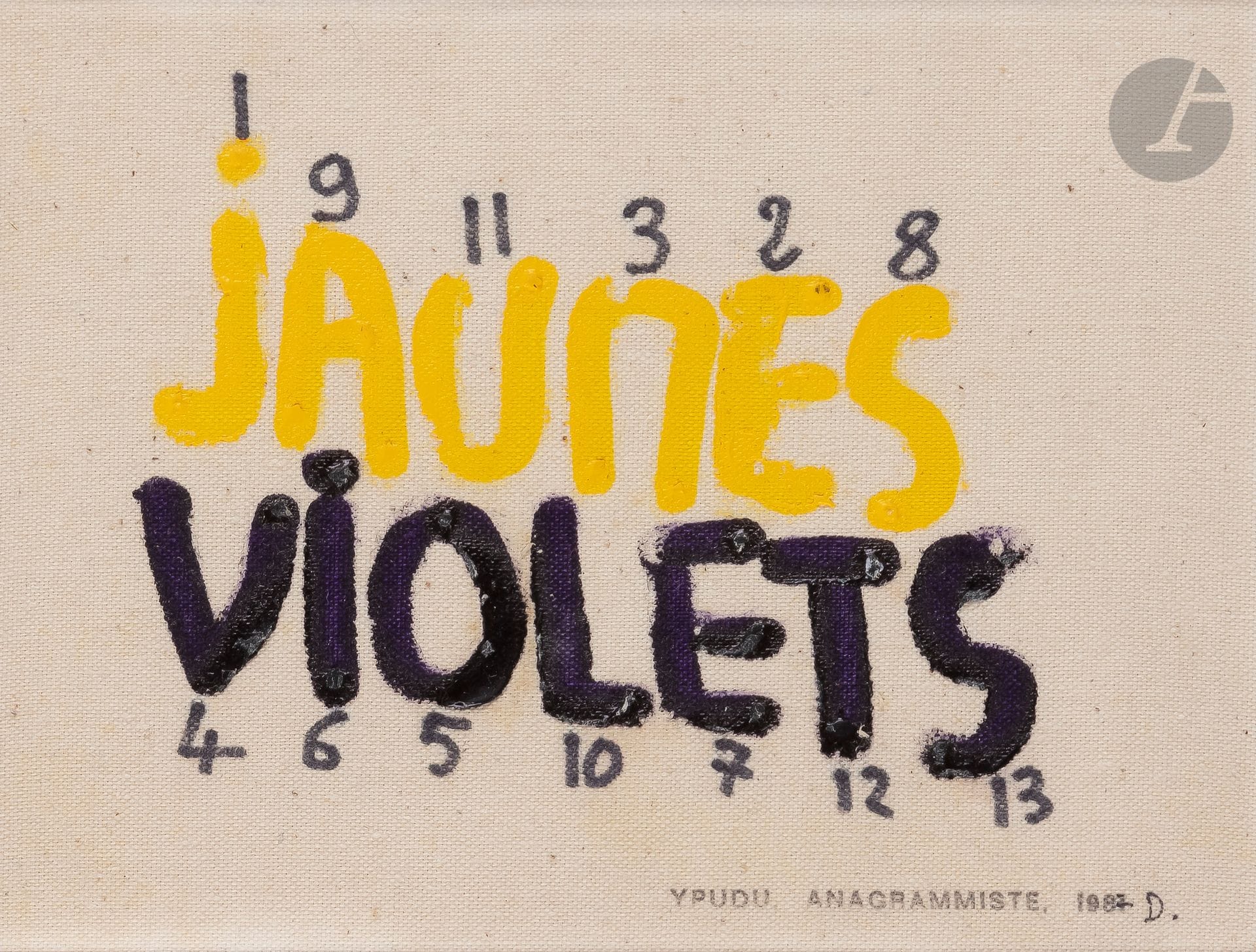 Jean DUPUY (1925-2021)
Purple yellows, 1987
Acrylic on canvas.
Monogrammed.
Signed in typed anagram "YPUDU" and dated.
17 x 21 cm