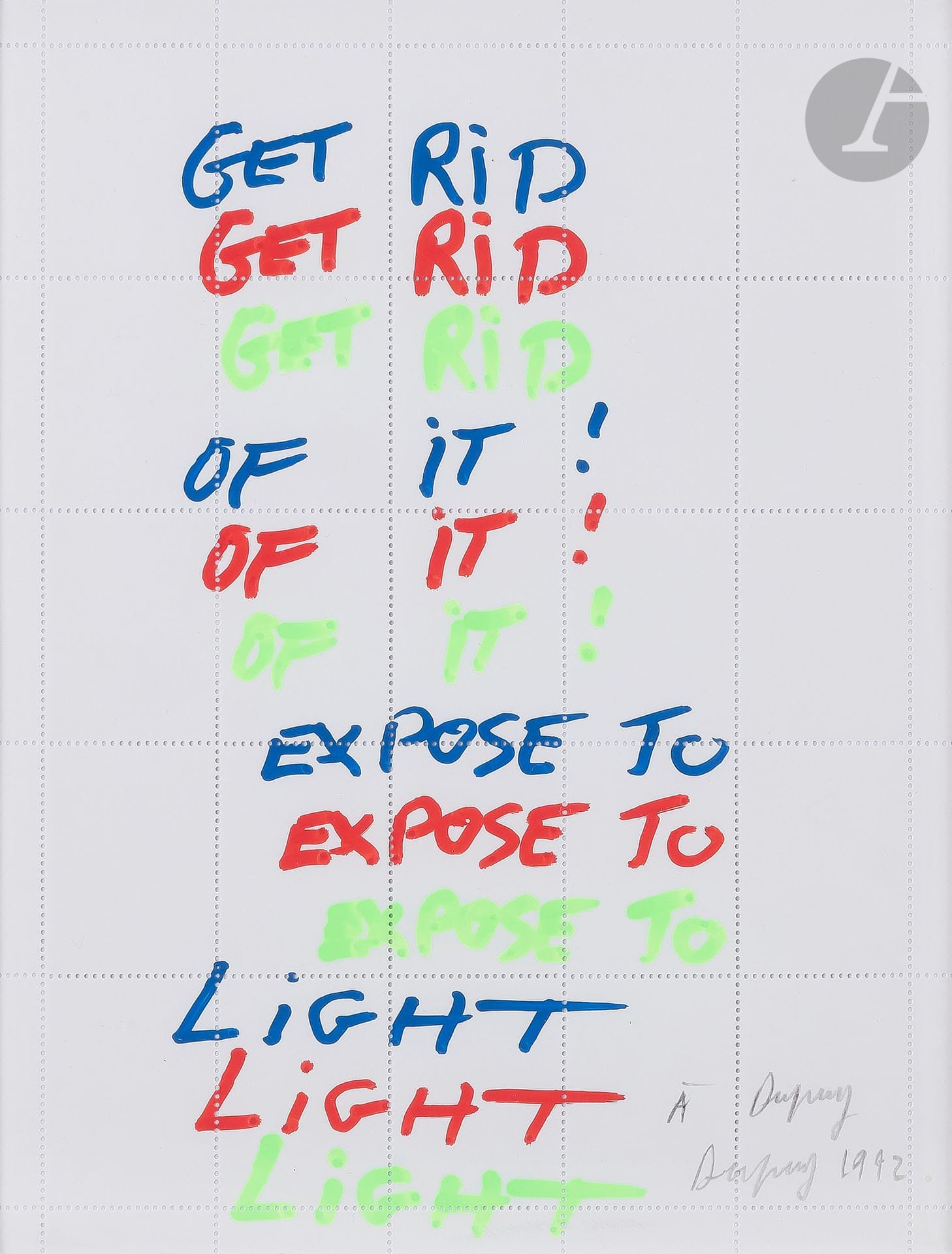 Jean DUPUY (1925-2021)
Get rid of it !, 1992
Feutres de couleur sur papier timbre perforé.
Signé et daté en bas à droite.
21,5 x 17 cm