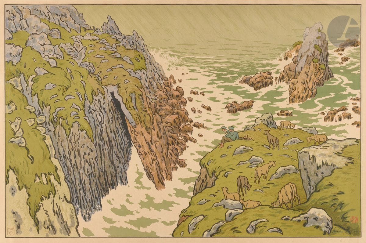 Henri Rivière (1864-1951)
La Falaise. (Les Aspects de la nature, pl. 3). 1897. Lithographie. [860 x 585]. Levasseur-Le Bohec 3. Impression en couleurs. Très belle épreuve sur vélin glacé. Courtes traces de plis aux bords du feuillet. Déchirure de 40 mm au bord gauche, pénétrant légèrement dans le sujet. Marges réduites à 2 cm.