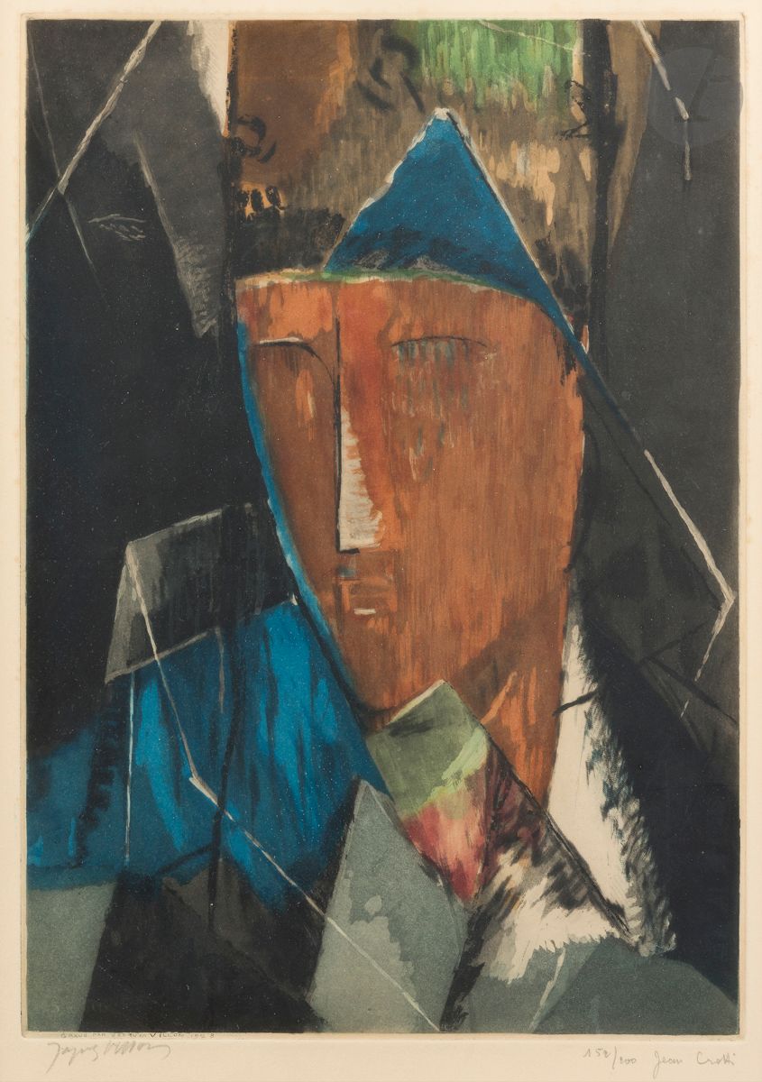 Jean-Joseph Crotti (1878-1958) (d’après)
Portrait d’homme. 1928. Gravé par J. Villon. 325 x 462. Ginestet et Pouillon 658. Impression en couleurs. Belle épreuve sur vélin, signée par Villon puis numérotée et signée par Crotti au crayon. Marges. Tirage à 200 épreuves. Bernheim-Jeune éd. Cadre.