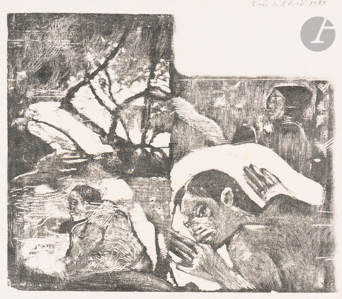 Paul Gauguin (1848-1903)
Manao Tupapau (Elle pense au revenant) ; Femme maorie dans un paysage de branches d’arbres. 1894-1895. Bois gravé. 260 x 222 [285 x 280]. Mongan, Kornfeld, Joachim 30 2 b. Très belle épreuve sur japon pelure, du tirage effectué par Georges-Daniel de Monfreid à Paris en 1928, annotée par lui à la plume le long du bord supérieur droit du feuillet : « Tirée le 5 Avril 1928 ». Toutes marges.

Provenance : Georges-Daniel de Monfreid (1856-1929), ami de l’artiste.
 Le catalogue raisonné recense 7 épreuves similaires, du tirage effectué par Monfreid sur le bois appartenant alors à Paco Durrio, dont 2 provenant de la collection Agnès Huc de Monfreid, à Corneilla-de-Conflent (Pyrénées-Orientales).