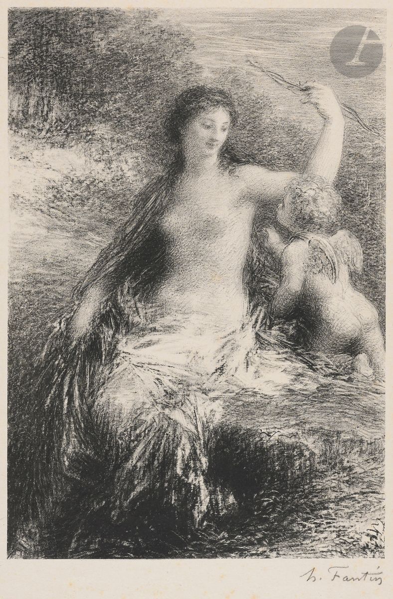 Henri Fantin-Latour (1836-1904)
L’Amour désarmé (2e pl.). 1892. Lithographie. 205 x 305. Hédiard-Mason 98. Belle et rare épreuve sur chine volant, signée à la pierre noire. Rousseurs claires éparses. Toutes marges. Tirage à 25 épreuves.