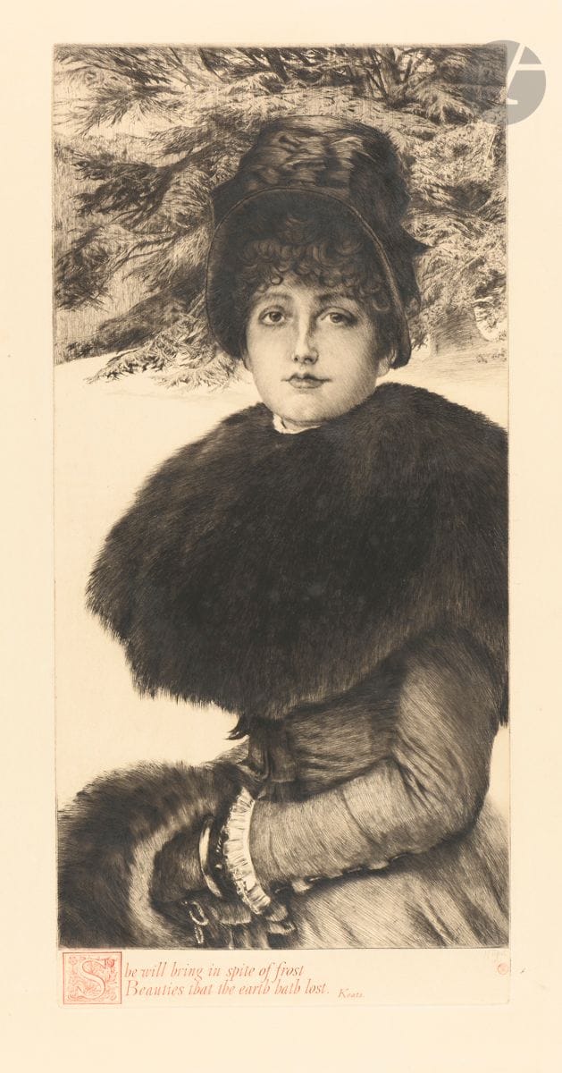 James-J.-J. Tissot (1836-1902)
Promenade dans la neige. 1880. Eau-forte et pointe sèche. 267 x 566. Wentworth 48. Superbe épreuve sur vergé fort ivoire, du 2e état (sur 3), avec la lettre tirée en rouge, timbrée (Lugt 1545). Infimes traces d’encre noire en marge droite vers le bas. Toutes marges.
