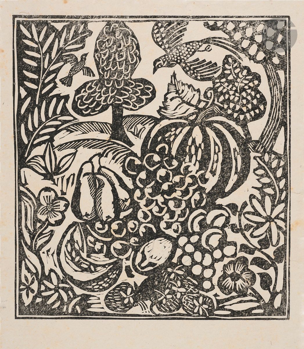 Raoul Dufy (1877-1953)
Fruits et oiseaux. (Pl. envisagée pour G. Apollinaire, Le Bestiaire, ou Cortège d’Orphée, Paris, éd. Delaplanche, 1911, version non publiée). Bois gravé. 190 x 208. Belle épreuve d’essai sur chine volant. Rousseurs claires éparses. Courtes traces de plis. Le bord droit du feuillet déchiqueté. Toutes marges. 

 Provenance : succession Raoul Dufy