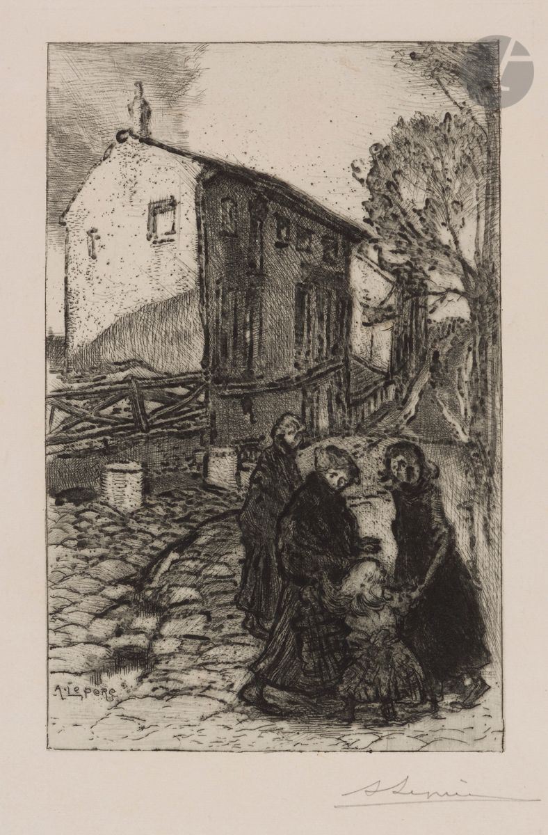 Auguste Lepère (1849-1918)
La Rue de la Fontaine-à-Mulard. 1901. Eau-forte et pointe sèche. 140 x 210. Lotz-Brissonneau non décrit. Très belle épreuve sur vélin ivoire, signée au crayon. Toutes marges. Timbre sec : Ed. Sagot éditeur Paris (Lugt 2254).

 Il s’agit d’une probable planche rejetée, prévue pour illustrer J.-K. Huysmans, La Bièvre et Saint-Séverin (Lotz-Brissonneau 126 bis). Ce sujet figure sous ce titre dans les collections du Musée Carnavalet.
