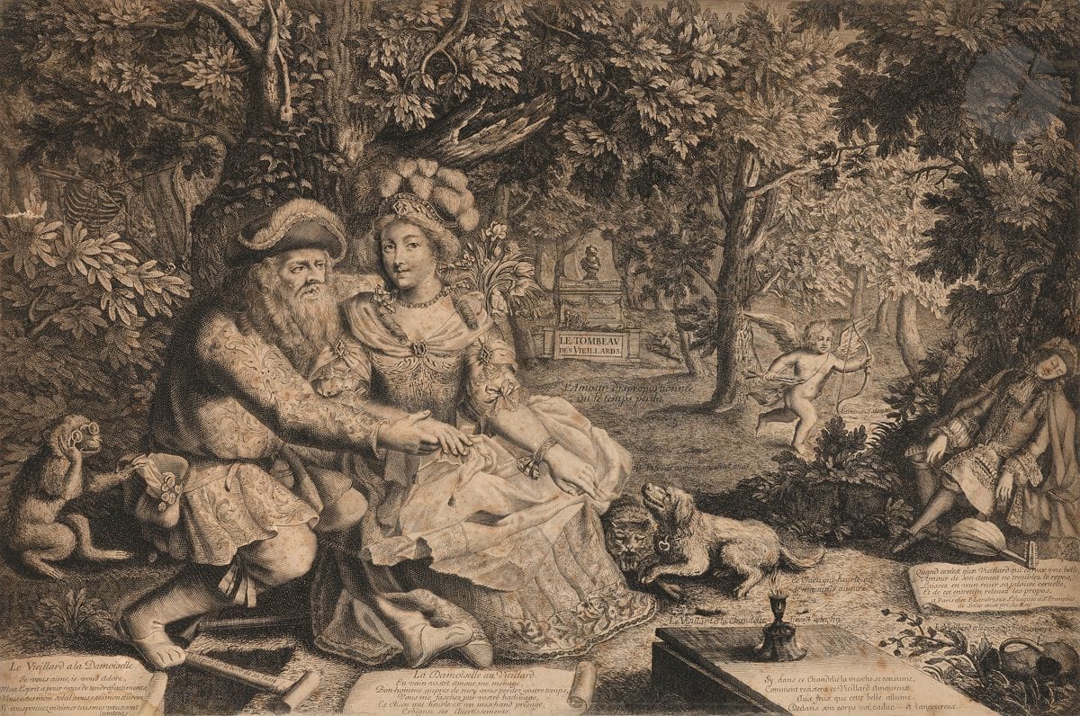 Pierre Landry éd. (1630-1701)
Le Vieillard et la jeune fille. Vers 1680. Burin. 720 x 480. Bonne épreuve sur vergé, jaunie, rognée au trait carré, doublée sur vélin. Rousseurs et petites auréoles d’humidité. Déchirure de 25 mm au bord gauche. Plusieurs fins plis de tirage ou fractures dans le sujet.