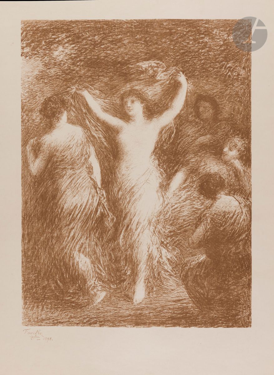 Henri Fantin-Latour (1836-1904)
Danses. 1897-1898. Autographie. 323 x 455. Hédiard-Mason 140 ; Johnson 41-3. Réunion de 3 très belles épreuves, une tirée en ocre sur japon, les deux autres en noir sur chine appliqué sur vélin blanc fort (l’une avec la pierre très « montée »). Petites rousseurs aux bords du feuillet à la 1re. Rousseurs, auréoles d’humidité et petites taches marginales aux deux dernières. Toutes marges. A. Vollard éd.